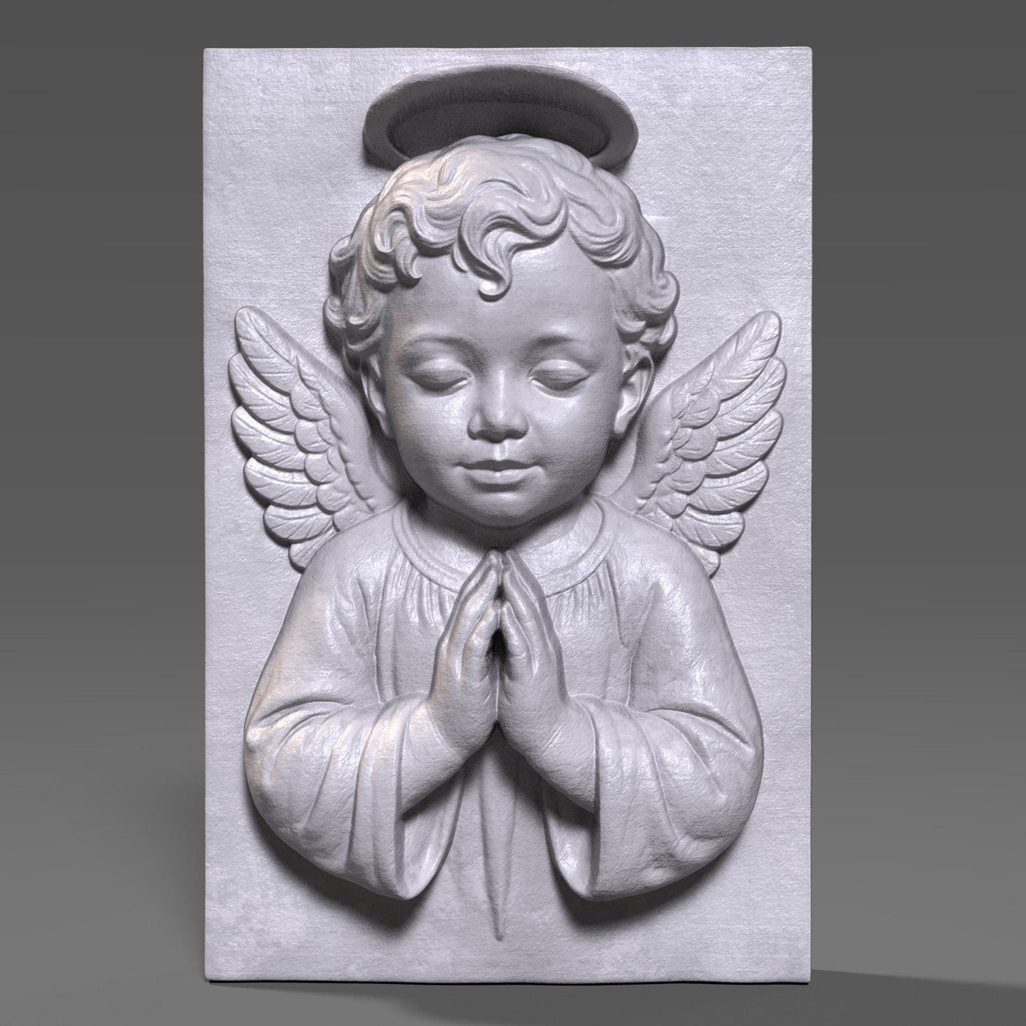 3D bas-relief of a baby angel with curly hair, halo, and detailed wings, shown in a prayer pose. The design is carved into a vertical wooden slab, ideal for Catholic Christmas wall art, CNC wood carving, or laser engraving. The digital model captures a serene and peaceful emotion, perfect for seasonal or spiritual decor. Great for gifts or handmade crafts.
