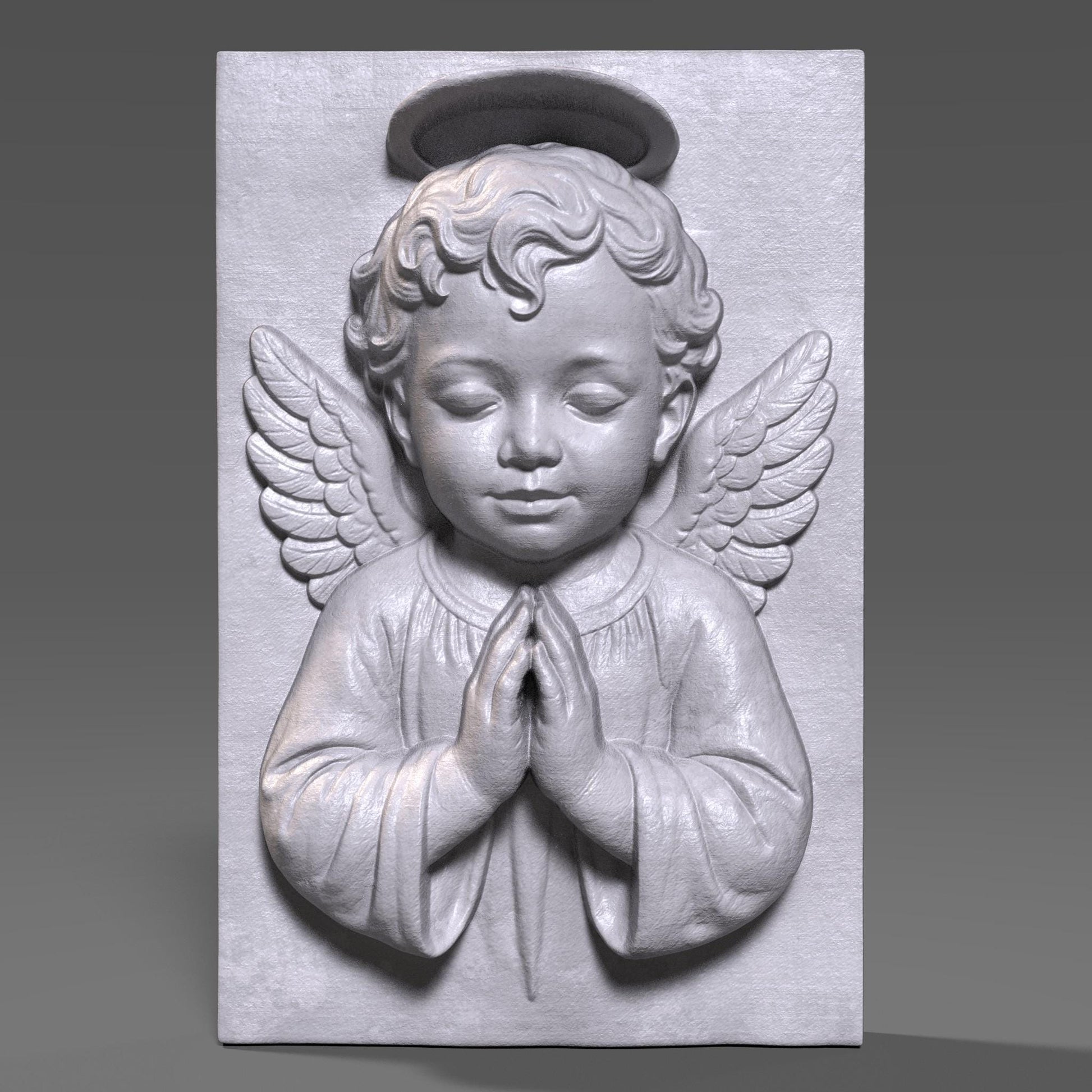 3D bas-relief of a baby angel with curly hair, halo, and detailed wings, shown in a prayer pose. The design is carved into a vertical wooden slab, ideal for Catholic Christmas wall art, CNC wood carving, or laser engraving. The digital model captures a serene and peaceful emotion, perfect for seasonal or spiritual decor. Great for gifts or handmade crafts.