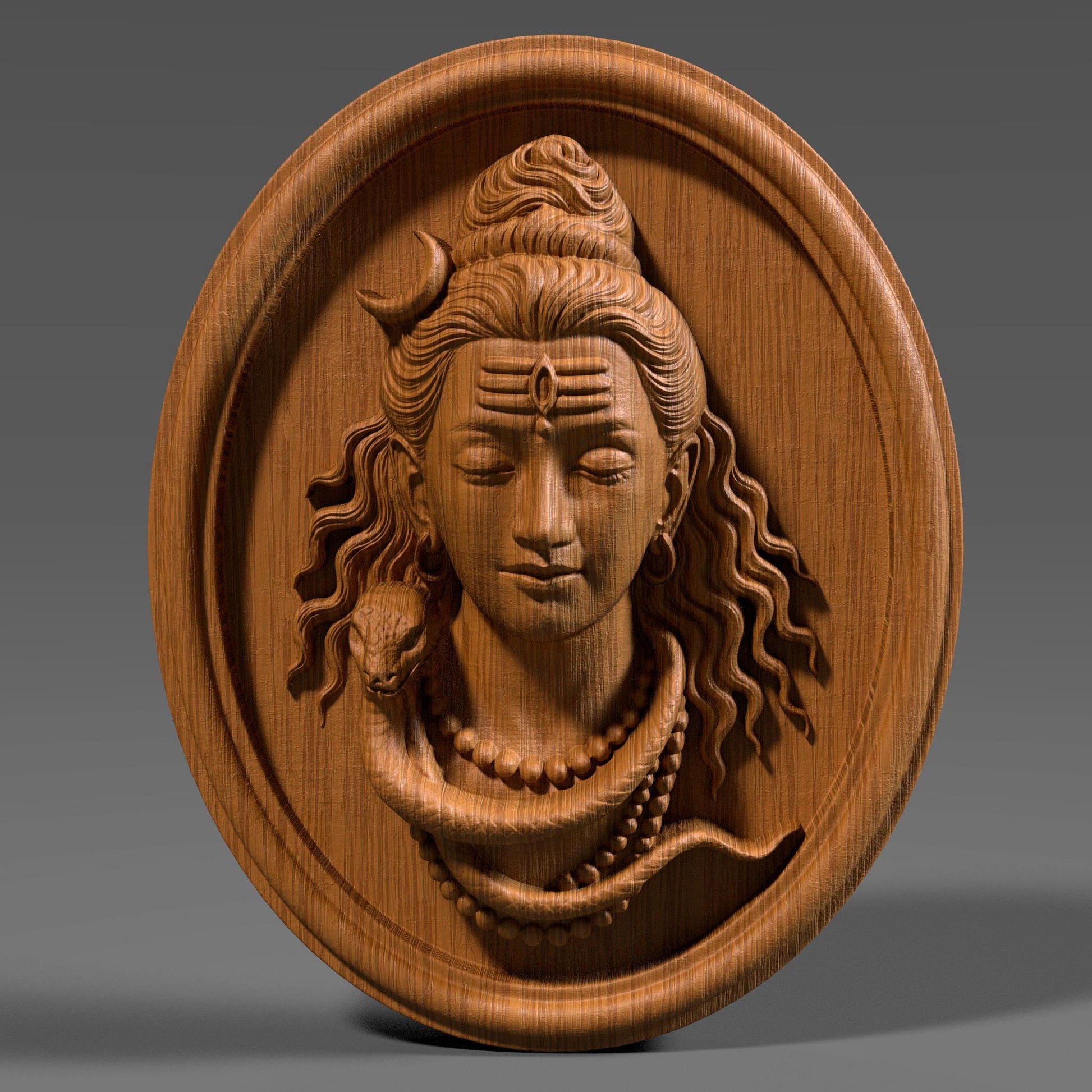 3D bas relief of Lord Shiva carved in wood texture, showcasing his serene expression, crescent moon on his hair, closed eyes, detailed wavy hair, rudraksha necklace, and a coiled snake around his neck, set within a round plaque design. Ideal for CNC carving, religious wall art, and traditional Indian decor, rendered with realistic wood grain detailing and deep engraving for visual depth and dimensional quality.