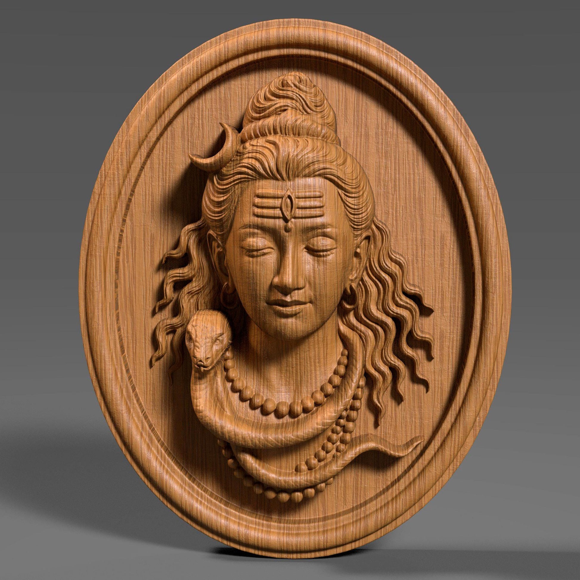 3D bas relief of Lord Shiva carved in wood texture, showcasing his serene expression, crescent moon on his hair, closed eyes, detailed wavy hair, rudraksha necklace, and a coiled snake around his neck, set within a round plaque design. Ideal for CNC carving, religious wall art, and traditional Indian decor, rendered with realistic wood grain detailing and deep engraving for visual depth and dimensional quality.