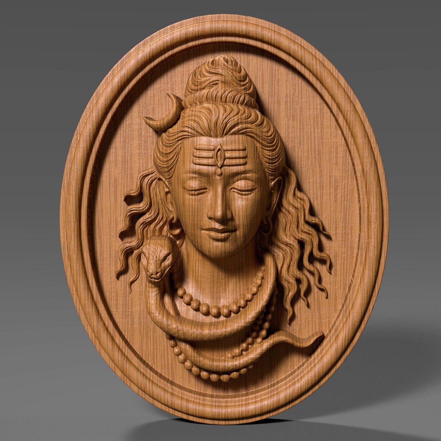 3D bas relief of Lord Shiva carved in wood texture, showcasing his serene expression, crescent moon on his hair, closed eyes, detailed wavy hair, rudraksha necklace, and a coiled snake around his neck, set within a round plaque design. Ideal for CNC carving, religious wall art, and traditional Indian decor, rendered with realistic wood grain detailing and deep engraving for visual depth and dimensional quality.