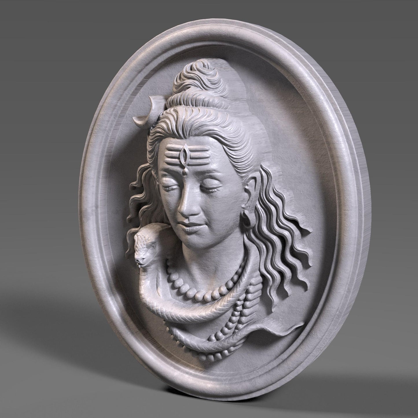 3D bas relief of Lord Shiva carved in wood texture, showcasing his serene expression, crescent moon on his hair, closed eyes, detailed wavy hair, rudraksha necklace, and a coiled snake around his neck, set within a round plaque design. Ideal for CNC carving, religious wall art, and traditional Indian decor, rendered with realistic wood grain detailing and deep engraving for visual depth and dimensional quality.