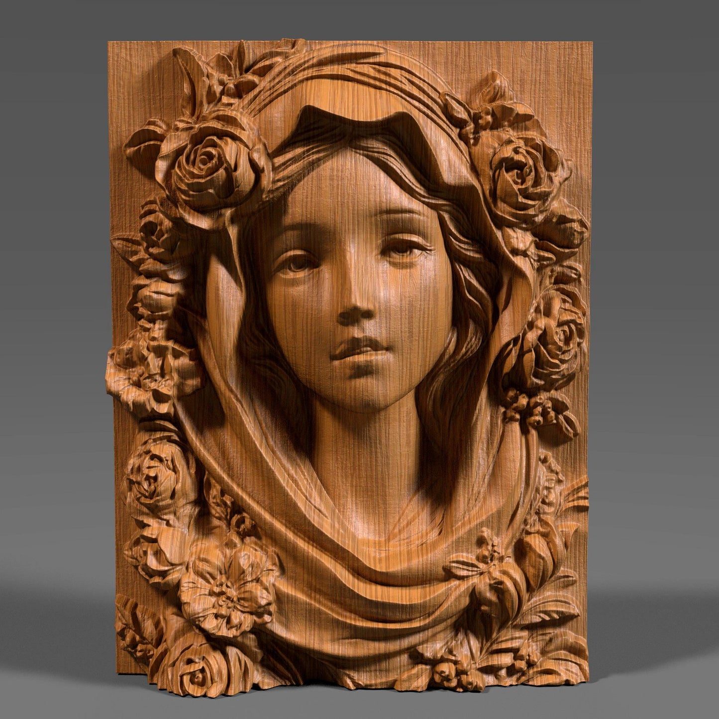 Highly detailed 3D STL model of Mother Mary’s face with a calm, spiritual expression, surrounded by carved roses and draped fabric. Designed in wood bas-relief style for CNC, laser engraving, or 3D printing. Ideal for religious wall décor or Catholic sacred art. The model features traditional iconography of the Virgin Mary with floral symbolism, ready for carving in wood, resin, or stone. STL file requires cleanup depending on machine compatibility.