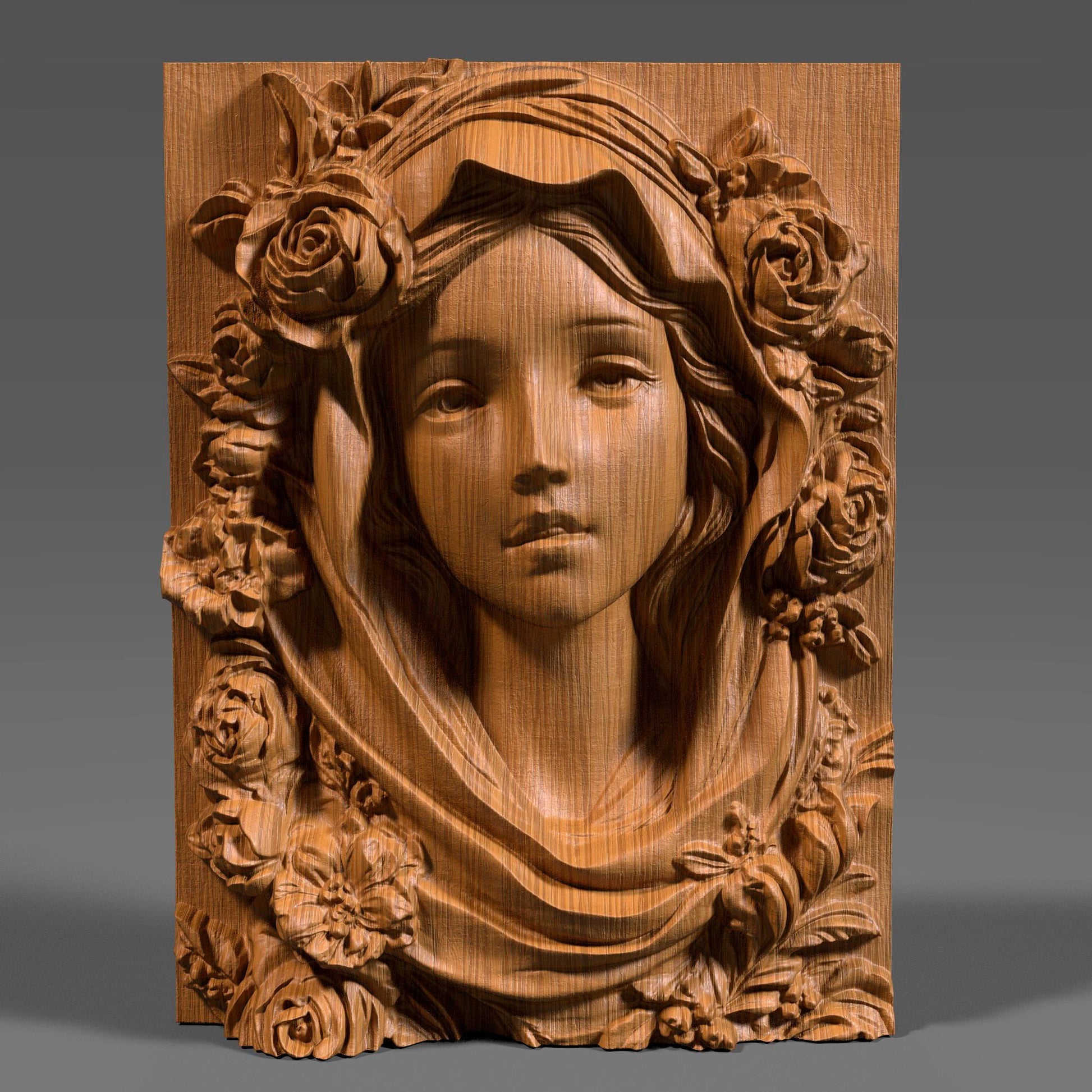 Highly detailed 3D STL model of Mother Mary’s face with a calm, spiritual expression, surrounded by carved roses and draped fabric. Designed in wood bas-relief style for CNC, laser engraving, or 3D printing. Ideal for religious wall décor or Catholic sacred art. The model features traditional iconography of the Virgin Mary with floral symbolism, ready for carving in wood, resin, or stone. STL file requires cleanup depending on machine compatibility.