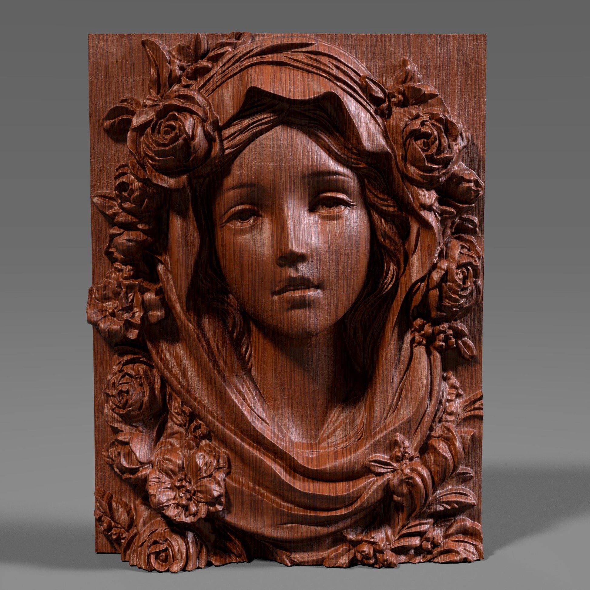 Highly detailed 3D STL model of Mother Mary’s face with a calm, spiritual expression, surrounded by carved roses and draped fabric. Designed in wood bas-relief style for CNC, laser engraving, or 3D printing. Ideal for religious wall décor or Catholic sacred art. The model features traditional iconography of the Virgin Mary with floral symbolism, ready for carving in wood, resin, or stone. STL file requires cleanup depending on machine compatibility.