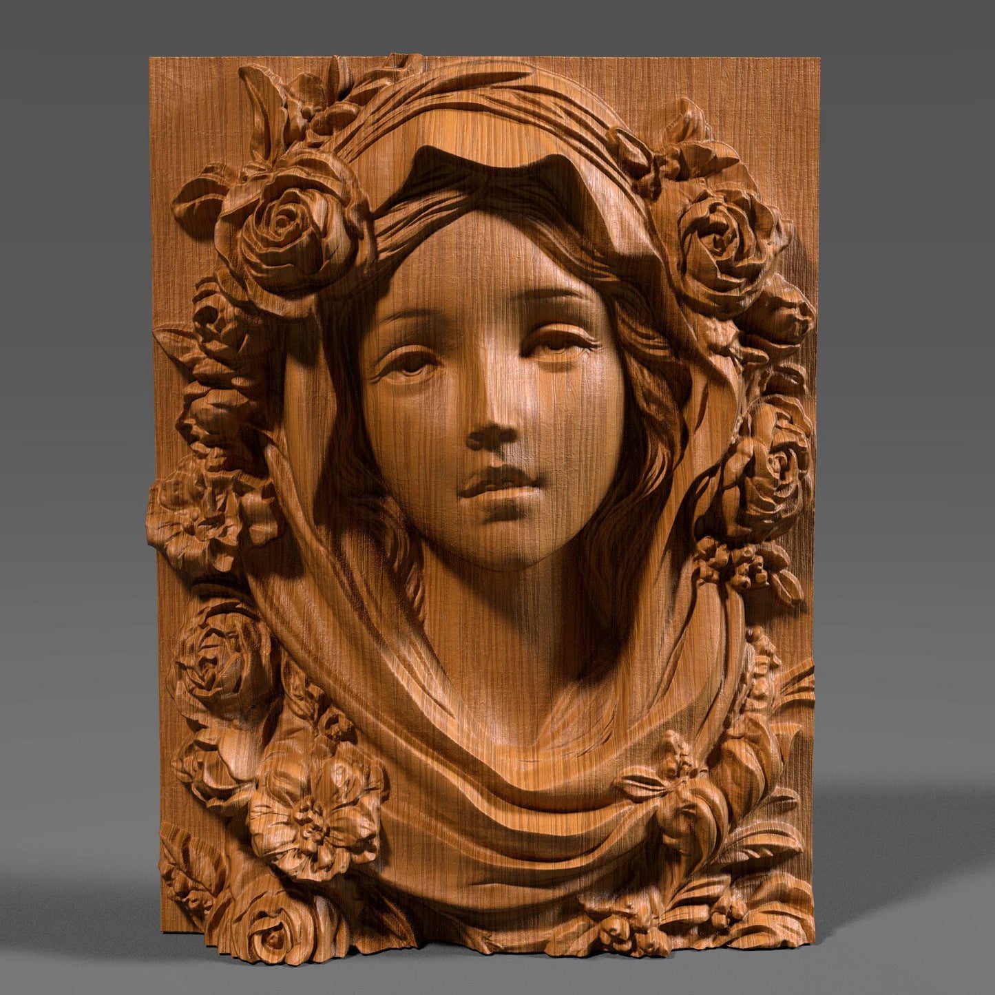 Highly detailed 3D STL model of Mother Mary’s face with a calm, spiritual expression, surrounded by carved roses and draped fabric. Designed in wood bas-relief style for CNC, laser engraving, or 3D printing. Ideal for religious wall décor or Catholic sacred art. The model features traditional iconography of the Virgin Mary with floral symbolism, ready for carving in wood, resin, or stone. STL file requires cleanup depending on machine compatibility.