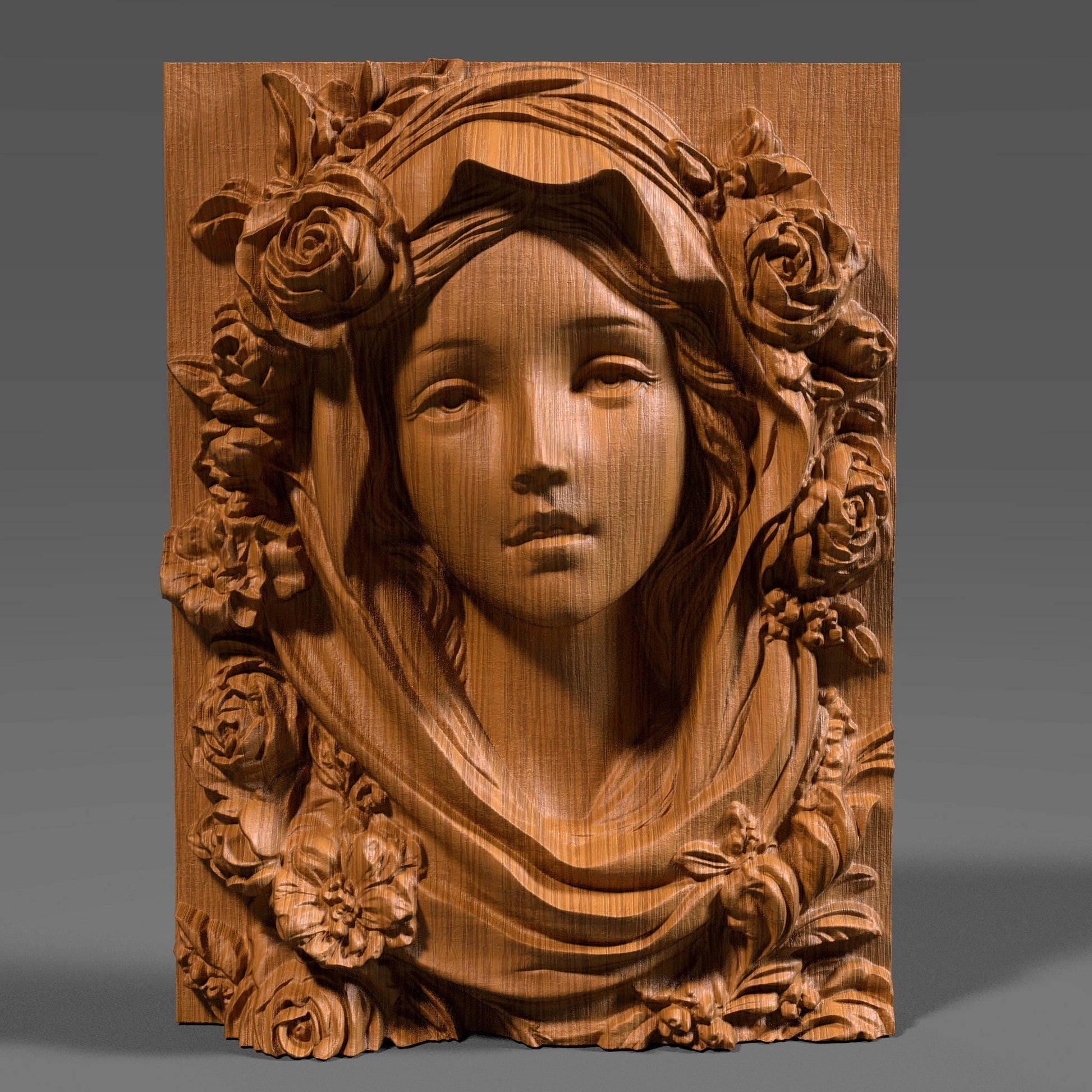 Highly detailed 3D STL model of Mother Mary’s face with a calm, spiritual expression, surrounded by carved roses and draped fabric. Designed in wood bas-relief style for CNC, laser engraving, or 3D printing. Ideal for religious wall décor or Catholic sacred art. The model features traditional iconography of the Virgin Mary with floral symbolism, ready for carving in wood, resin, or stone. STL file requires cleanup depending on machine compatibility.