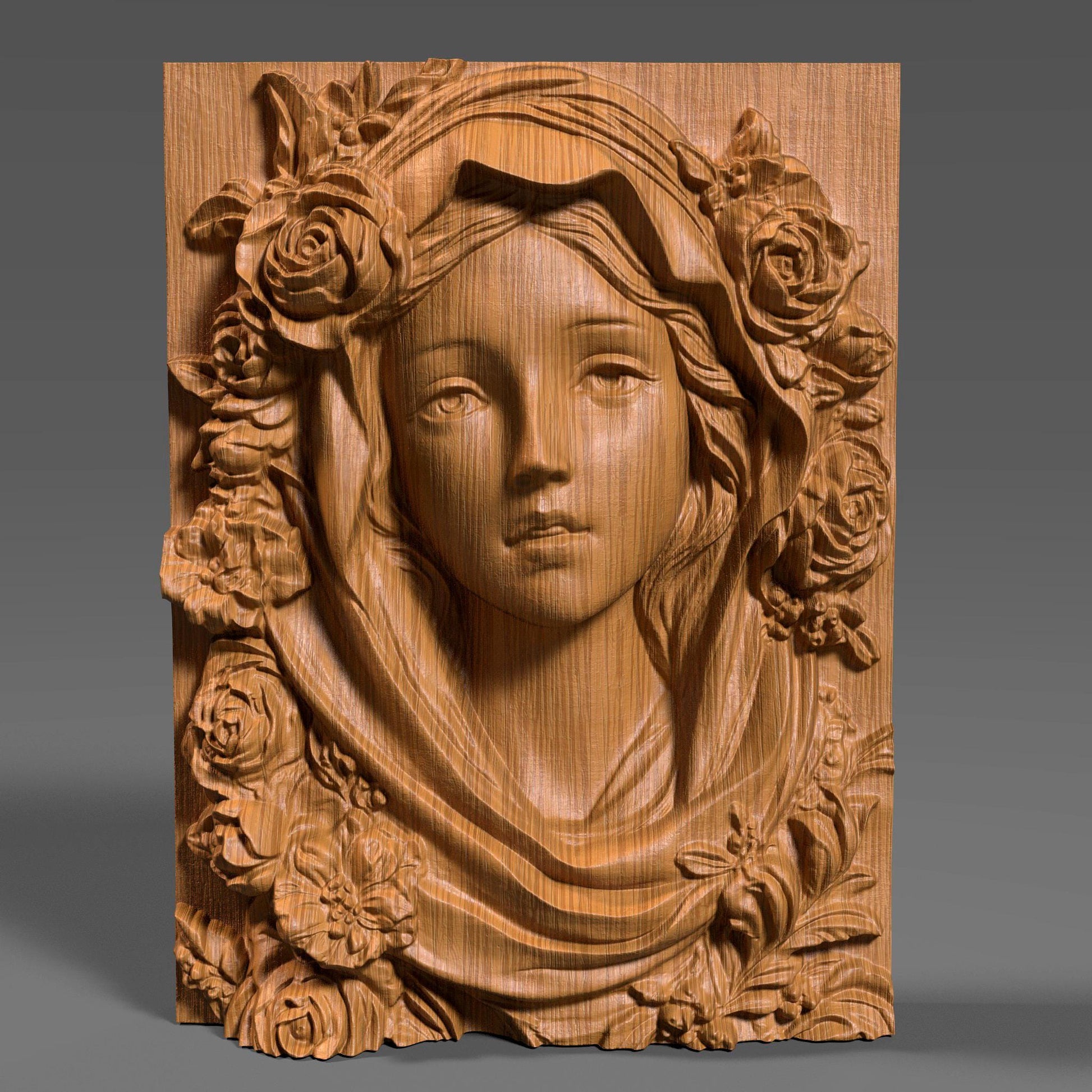 Highly detailed 3D STL model of Mother Mary’s face with a calm, spiritual expression, surrounded by carved roses and draped fabric. Designed in wood bas-relief style for CNC, laser engraving, or 3D printing. Ideal for religious wall décor or Catholic sacred art. The model features traditional iconography of the Virgin Mary with floral symbolism, ready for carving in wood, resin, or stone. STL file requires cleanup depending on machine compatibility.