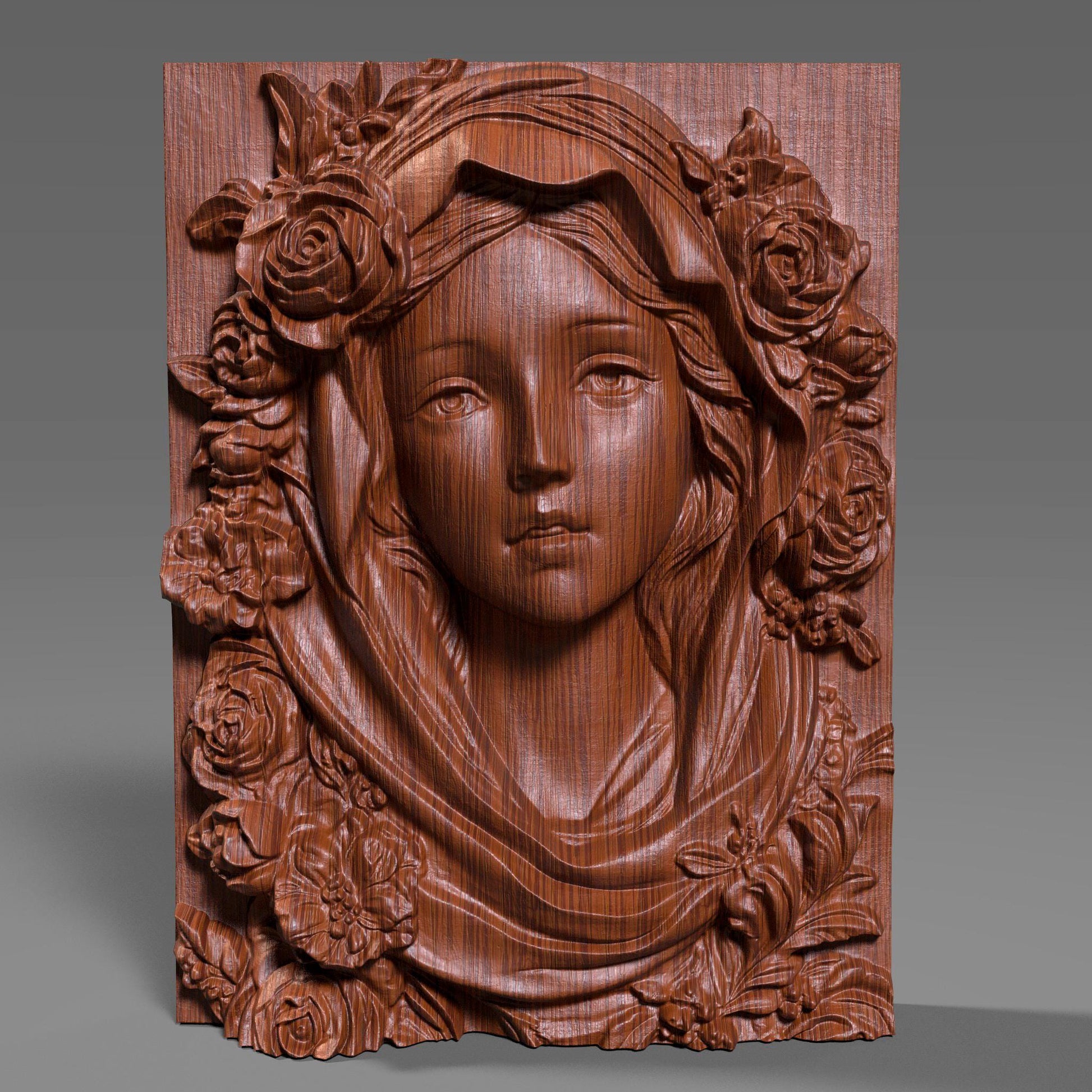 Highly detailed 3D STL model of Mother Mary’s face with a calm, spiritual expression, surrounded by carved roses and draped fabric. Designed in wood bas-relief style for CNC, laser engraving, or 3D printing. Ideal for religious wall décor or Catholic sacred art. The model features traditional iconography of the Virgin Mary with floral symbolism, ready for carving in wood, resin, or stone. STL file requires cleanup depending on machine compatibility.