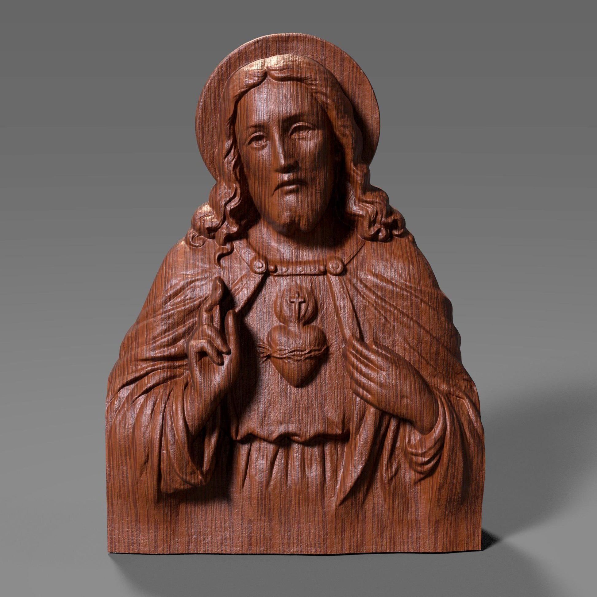 Highly detailed 3D relief sculpture of Jesus Christ featuring the Sacred Heart symbol, designed for wood carving, CNC milling, resin printing, or laser engraving. The bust showcases Jesus with a serene, compassionate expression, raised hand in blessing, and flowing robes. Ideal for religious art collectors or church installations.