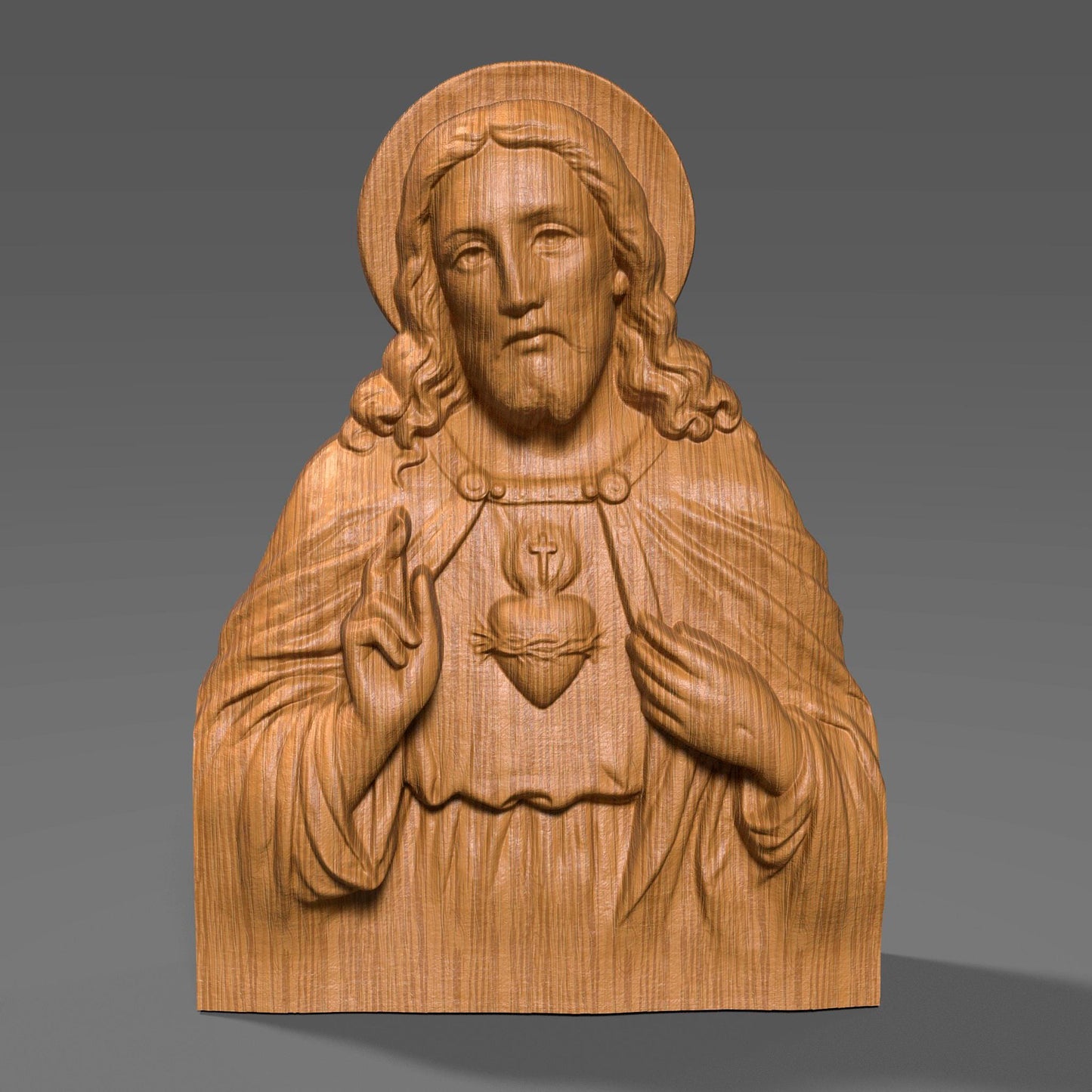 Highly detailed 3D relief sculpture of Jesus Christ featuring the Sacred Heart symbol, designed for wood carving, CNC milling, resin printing, or laser engraving. The bust showcases Jesus with a serene, compassionate expression, raised hand in blessing, and flowing robes. Ideal for religious art collectors or church installations.