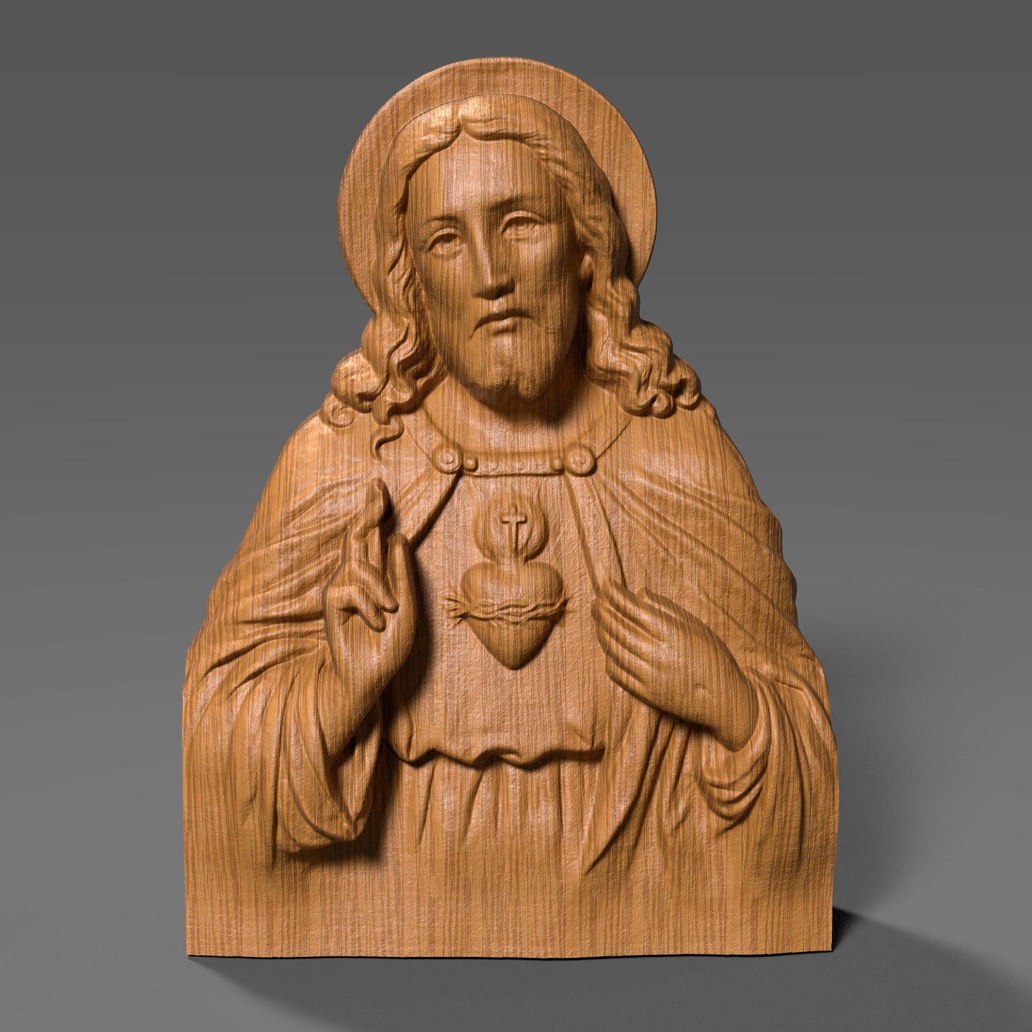 Highly detailed 3D relief sculpture of Jesus Christ featuring the Sacred Heart symbol, designed for wood carving, CNC milling, resin printing, or laser engraving. The bust showcases Jesus with a serene, compassionate expression, raised hand in blessing, and flowing robes. Ideal for religious art collectors or church installations.