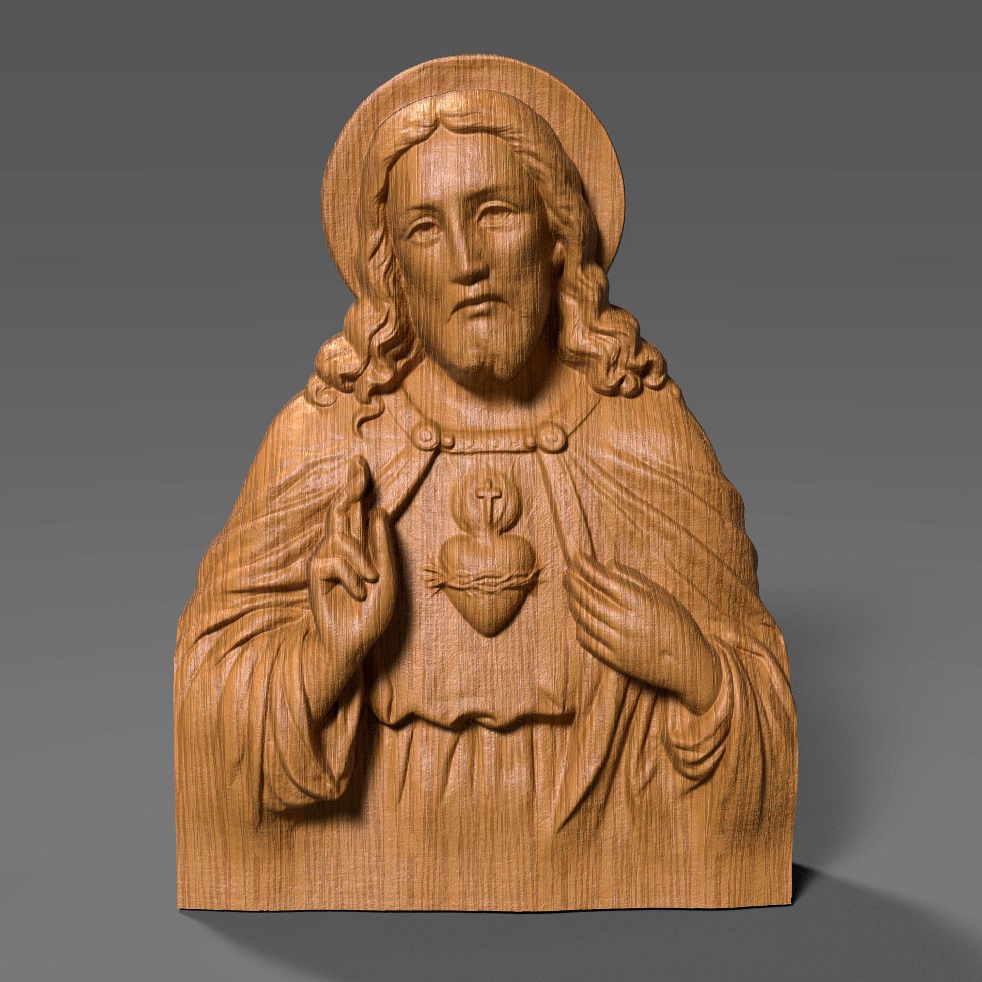 Highly detailed 3D relief sculpture of Jesus Christ featuring the Sacred Heart symbol, designed for wood carving, CNC milling, resin printing, or laser engraving. The bust showcases Jesus with a serene, compassionate expression, raised hand in blessing, and flowing robes. Ideal for religious art collectors or church installations.
