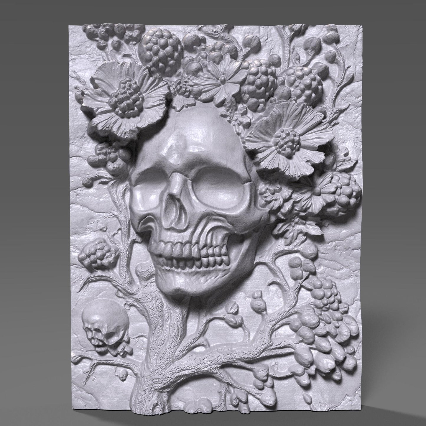 Intricately carved 3D wooden bas-relief wall art featuring a haunting skull surrounded by blooming flowers and berries — a perfect fusion of beauty and darkness. This Halloween-themed gothic sculpture brings eerie elegance to any room with its detailed wood texture and dramatic depth. Ideal for Halloween decor, gothic interiors, or collectors of macabre art. A captivating handcrafted piece symbolizing the cycle of life and death in stunning wooden form.