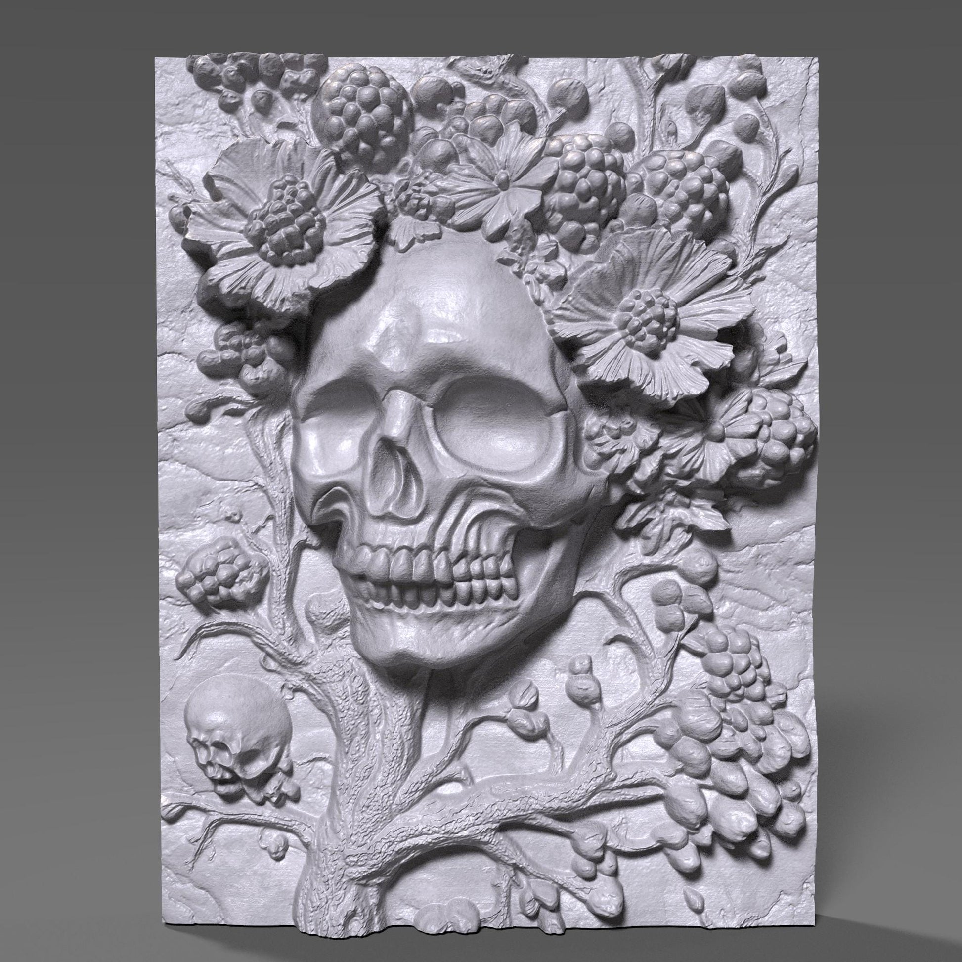 Intricately carved 3D wooden bas-relief wall art featuring a haunting skull surrounded by blooming flowers and berries — a perfect fusion of beauty and darkness. This Halloween-themed gothic sculpture brings eerie elegance to any room with its detailed wood texture and dramatic depth. Ideal for Halloween decor, gothic interiors, or collectors of macabre art. A captivating handcrafted piece symbolizing the cycle of life and death in stunning wooden form.