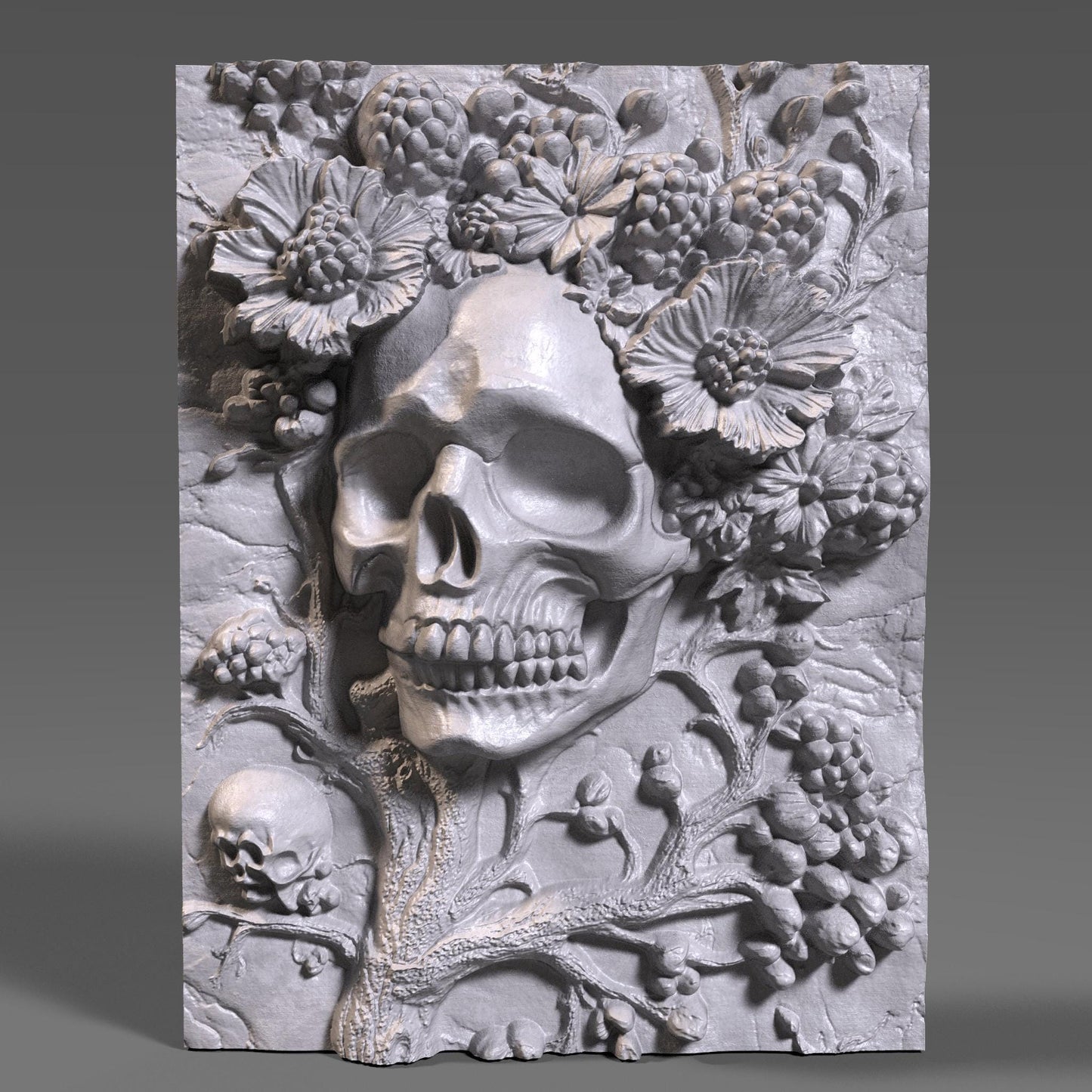 Intricately carved 3D wooden bas-relief wall art featuring a haunting skull surrounded by blooming flowers and berries — a perfect fusion of beauty and darkness. This Halloween-themed gothic sculpture brings eerie elegance to any room with its detailed wood texture and dramatic depth. Ideal for Halloween decor, gothic interiors, or collectors of macabre art. A captivating handcrafted piece symbolizing the cycle of life and death in stunning wooden form.