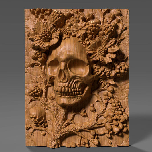 Intricately carved 3D wooden bas-relief wall art featuring a haunting skull surrounded by blooming flowers and berries — a perfect fusion of beauty and darkness. This Halloween-themed gothic sculpture brings eerie elegance to any room with its detailed wood texture and dramatic depth. Ideal for Halloween decor, gothic interiors, or collectors of macabre art. A captivating handcrafted piece symbolizing the cycle of life and death in stunning wooden form.