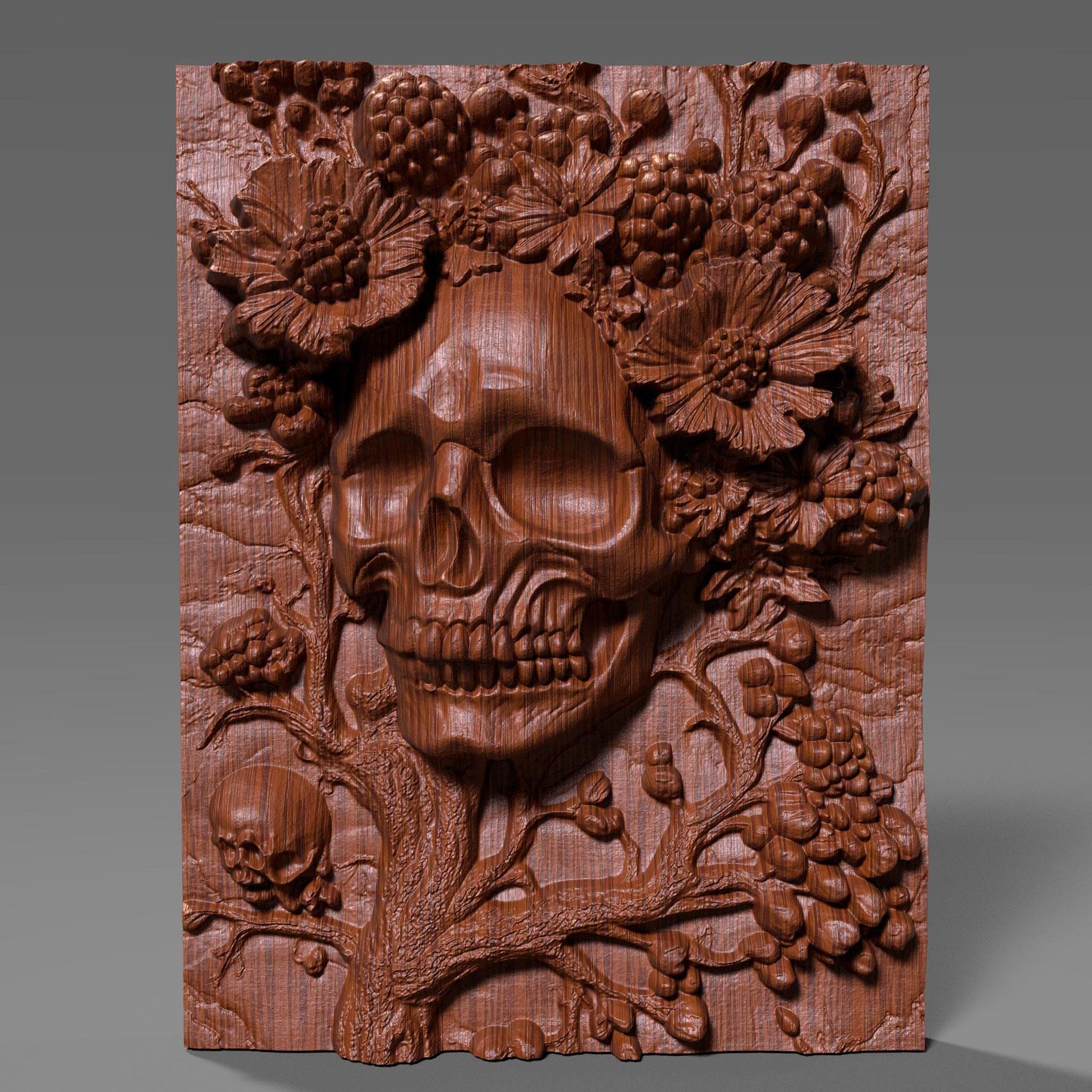 Intricately carved 3D wooden bas-relief wall art featuring a haunting skull surrounded by blooming flowers and berries — a perfect fusion of beauty and darkness. This Halloween-themed gothic sculpture brings eerie elegance to any room with its detailed wood texture and dramatic depth. Ideal for Halloween decor, gothic interiors, or collectors of macabre art. A captivating handcrafted piece symbolizing the cycle of life and death in stunning wooden form.