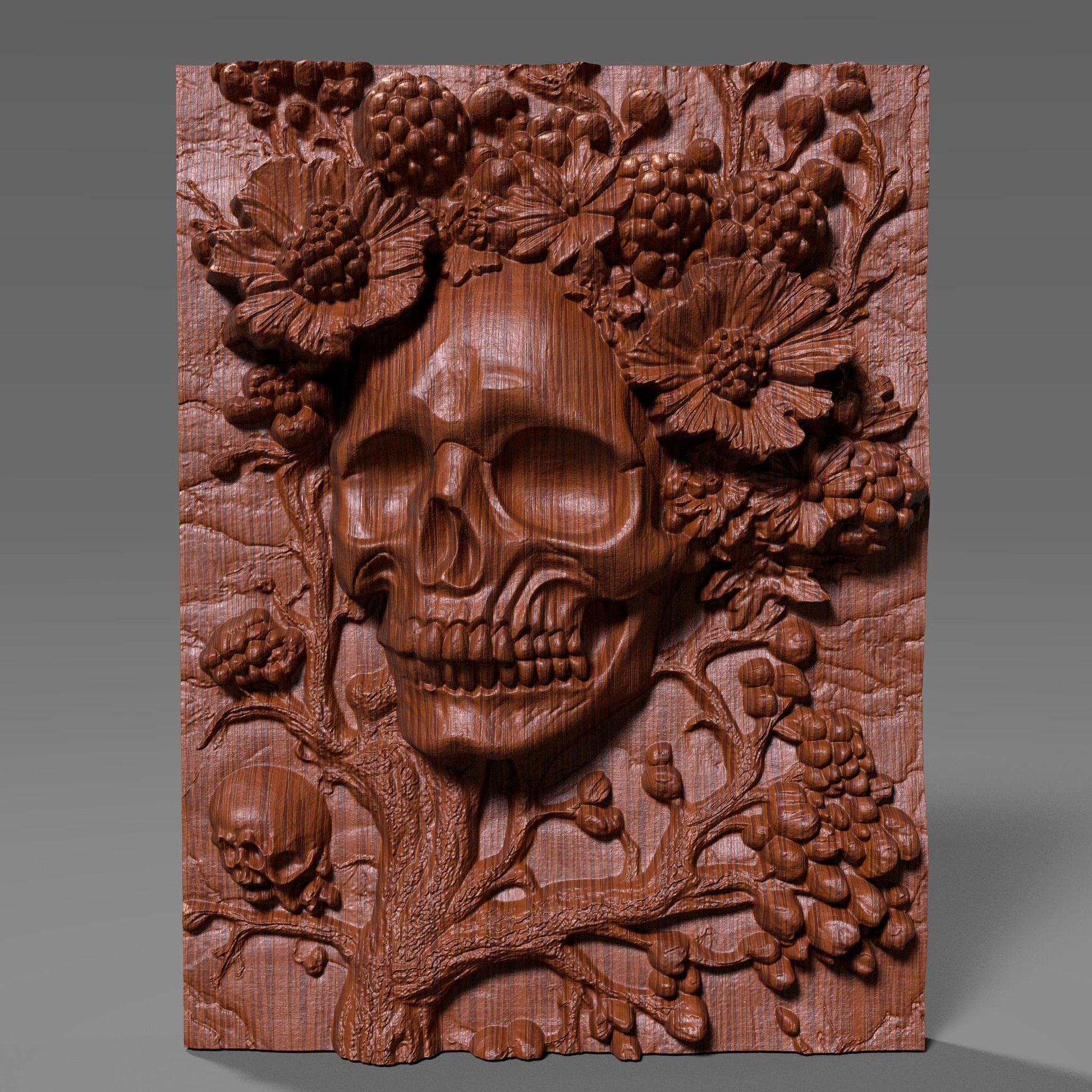 Intricately carved 3D wooden bas-relief wall art featuring a haunting skull surrounded by blooming flowers and berries — a perfect fusion of beauty and darkness. This Halloween-themed gothic sculpture brings eerie elegance to any room with its detailed wood texture and dramatic depth. Ideal for Halloween decor, gothic interiors, or collectors of macabre art. A captivating handcrafted piece symbolizing the cycle of life and death in stunning wooden form.