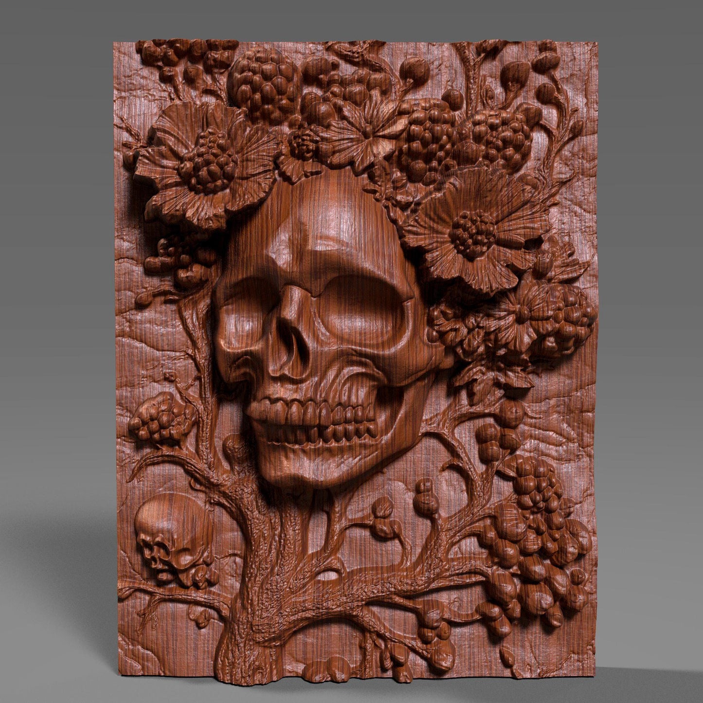Intricately carved 3D wooden bas-relief wall art featuring a haunting skull surrounded by blooming flowers and berries — a perfect fusion of beauty and darkness. This Halloween-themed gothic sculpture brings eerie elegance to any room with its detailed wood texture and dramatic depth. Ideal for Halloween decor, gothic interiors, or collectors of macabre art. A captivating handcrafted piece symbolizing the cycle of life and death in stunning wooden form.