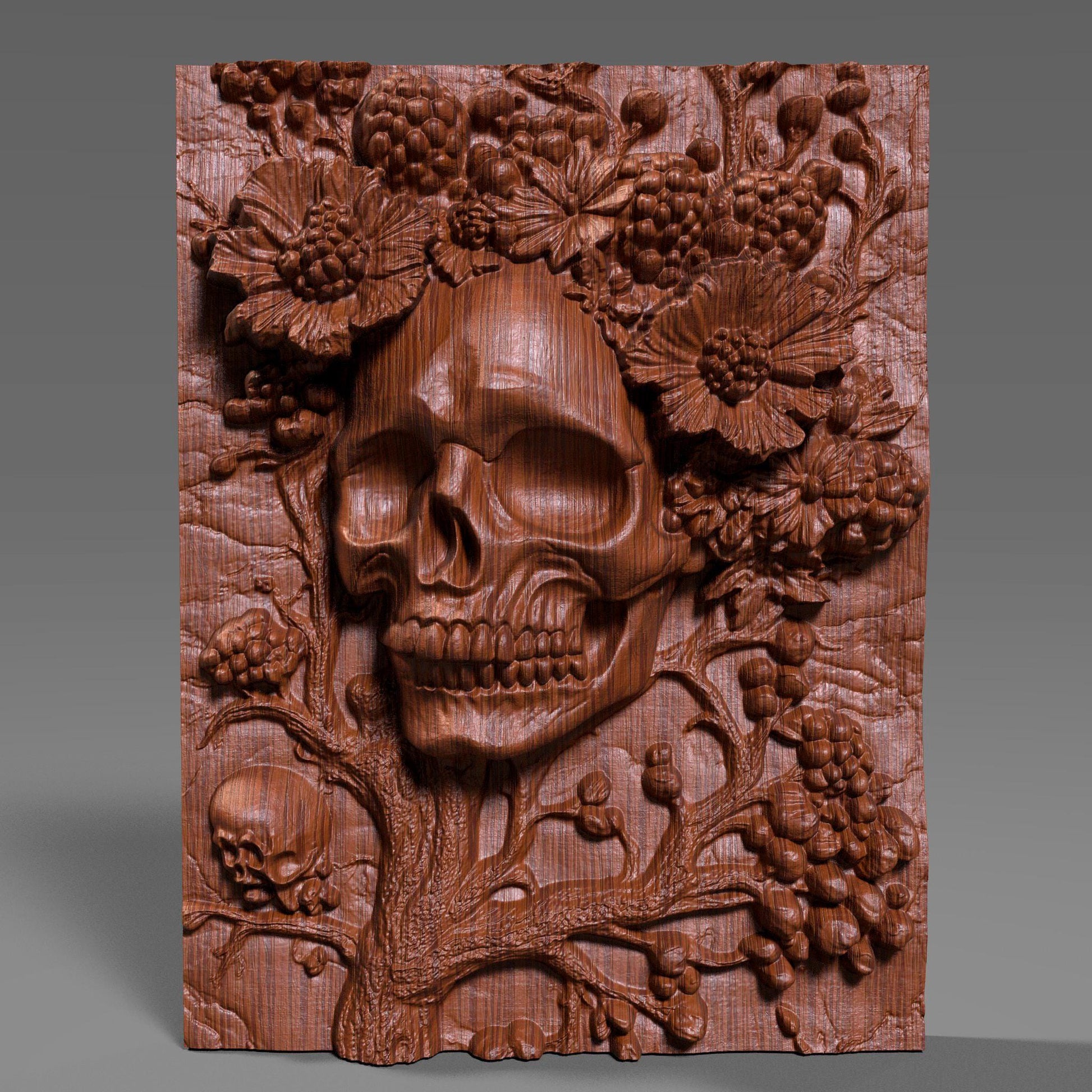 Intricately carved 3D wooden bas-relief wall art featuring a haunting skull surrounded by blooming flowers and berries — a perfect fusion of beauty and darkness. This Halloween-themed gothic sculpture brings eerie elegance to any room with its detailed wood texture and dramatic depth. Ideal for Halloween decor, gothic interiors, or collectors of macabre art. A captivating handcrafted piece symbolizing the cycle of life and death in stunning wooden form.