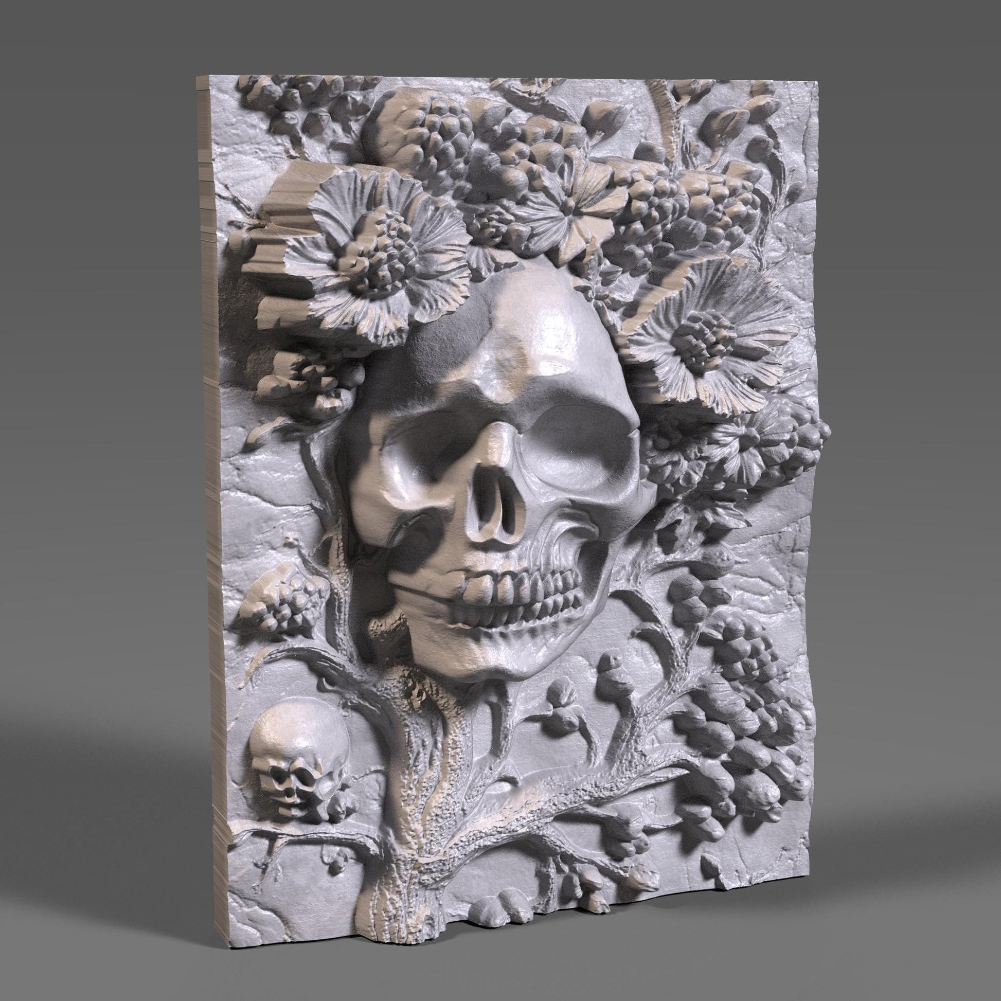 Intricately carved 3D wooden bas-relief wall art featuring a haunting skull surrounded by blooming flowers and berries — a perfect fusion of beauty and darkness. This Halloween-themed gothic sculpture brings eerie elegance to any room with its detailed wood texture and dramatic depth. Ideal for Halloween decor, gothic interiors, or collectors of macabre art. A captivating handcrafted piece symbolizing the cycle of life and death in stunning wooden form.