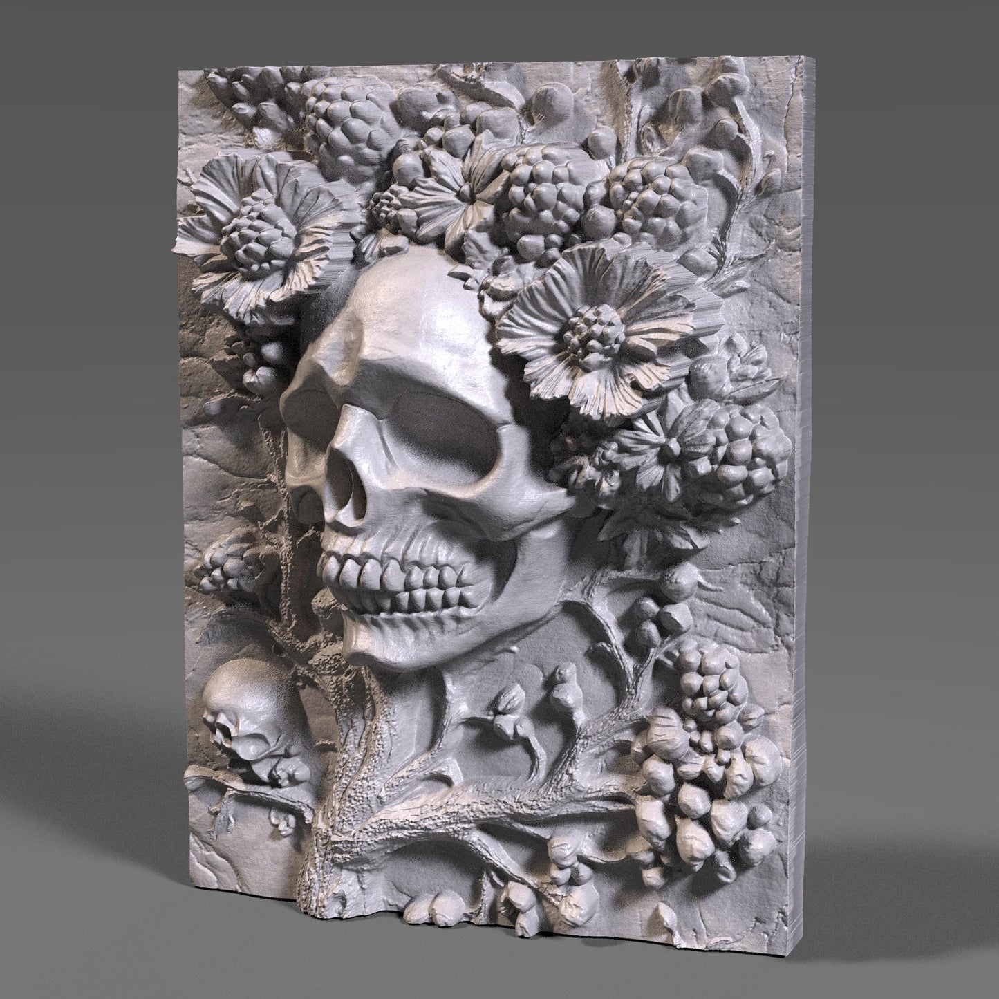 Intricately carved 3D wooden bas-relief wall art featuring a haunting skull surrounded by blooming flowers and berries — a perfect fusion of beauty and darkness. This Halloween-themed gothic sculpture brings eerie elegance to any room with its detailed wood texture and dramatic depth. Ideal for Halloween decor, gothic interiors, or collectors of macabre art. A captivating handcrafted piece symbolizing the cycle of life and death in stunning wooden form.