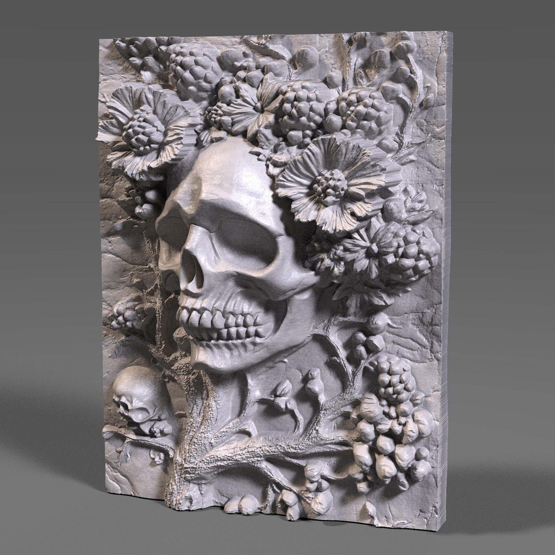 Intricately carved 3D wooden bas-relief wall art featuring a haunting skull surrounded by blooming flowers and berries — a perfect fusion of beauty and darkness. This Halloween-themed gothic sculpture brings eerie elegance to any room with its detailed wood texture and dramatic depth. Ideal for Halloween decor, gothic interiors, or collectors of macabre art. A captivating handcrafted piece symbolizing the cycle of life and death in stunning wooden form.