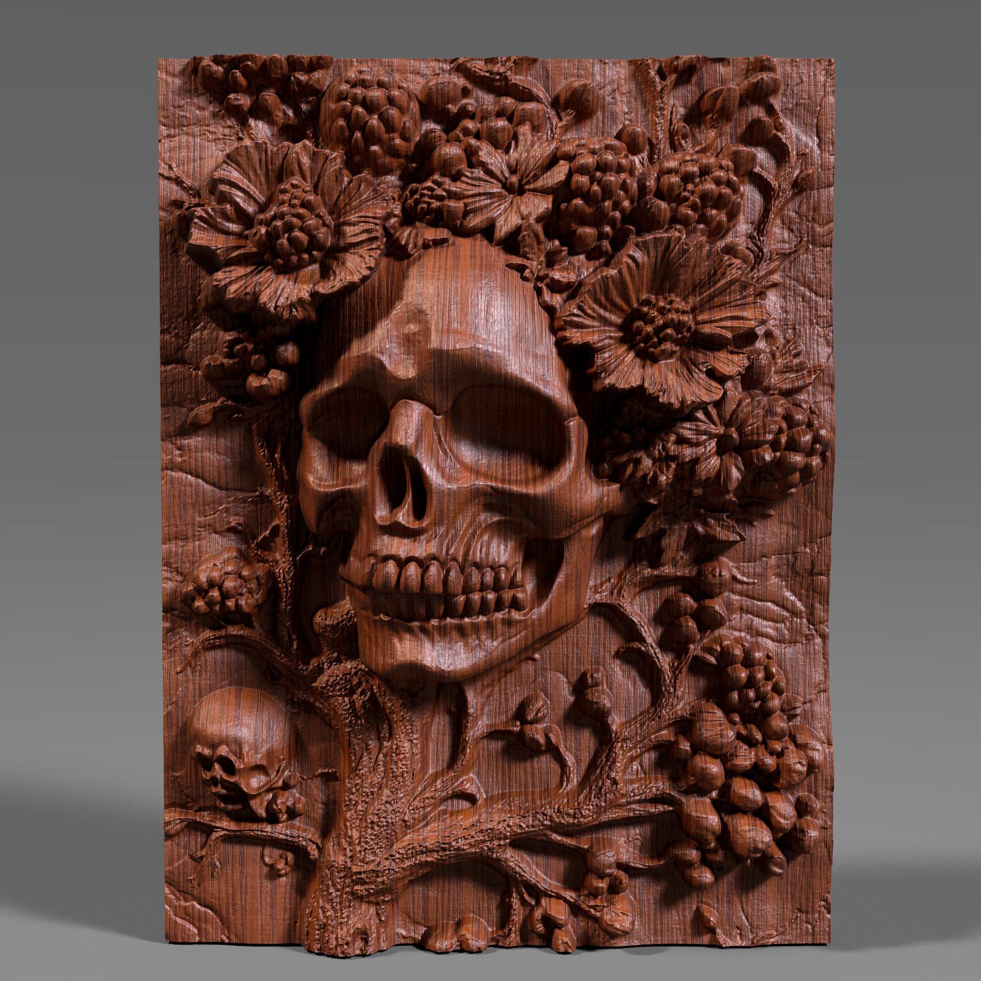 Intricately carved 3D wooden bas-relief wall art featuring a haunting skull surrounded by blooming flowers and berries — a perfect fusion of beauty and darkness. This Halloween-themed gothic sculpture brings eerie elegance to any room with its detailed wood texture and dramatic depth. Ideal for Halloween decor, gothic interiors, or collectors of macabre art. A captivating handcrafted piece symbolizing the cycle of life and death in stunning wooden form.