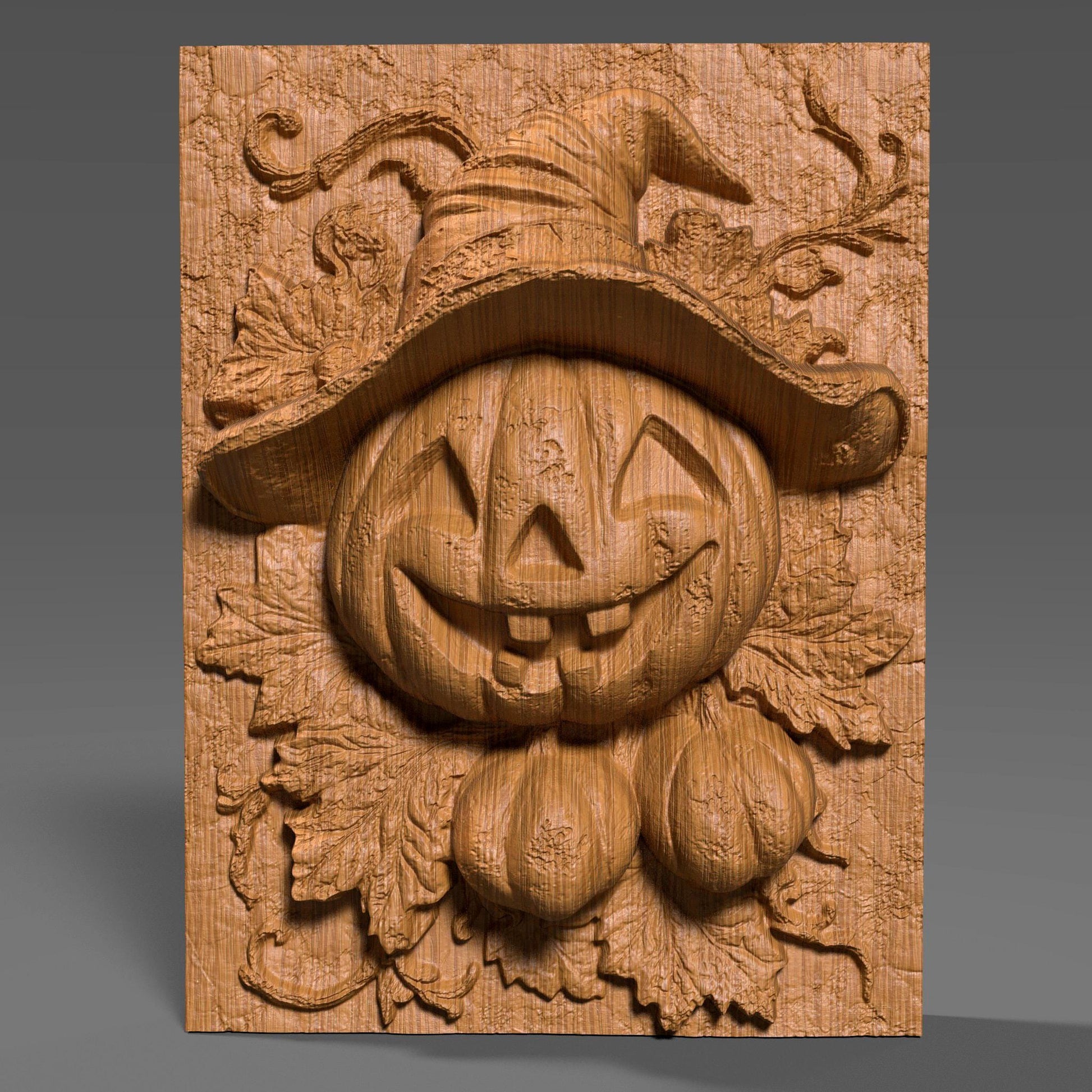 Charming 3D wooden bas-relief wall art featuring a smiling Jack-o’-lantern pumpkin wearing a witch hat surrounded by carved leaves and vines. This Halloween-inspired wooden sculpture captures the festive spirit of autumn with its detailed carving and warm texture. Perfect for spooky-season decor, fall wall displays, or as a unique Halloween gift. Handcrafted look with fine wood grain and intricate details makes it ideal for home or party decoration.