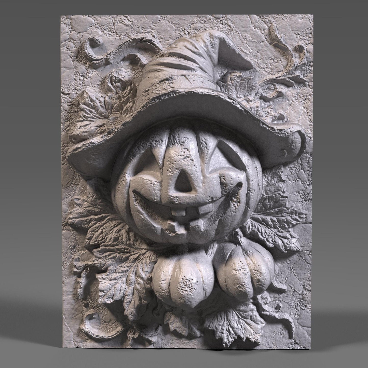 Charming 3D wooden bas-relief wall art featuring a smiling Jack-o’-lantern pumpkin wearing a witch hat surrounded by carved leaves and vines. This Halloween-inspired wooden sculpture captures the festive spirit of autumn with its detailed carving and warm texture. Perfect for spooky-season decor, fall wall displays, or as a unique Halloween gift. Handcrafted look with fine wood grain and intricate details makes it ideal for home or party decoration.