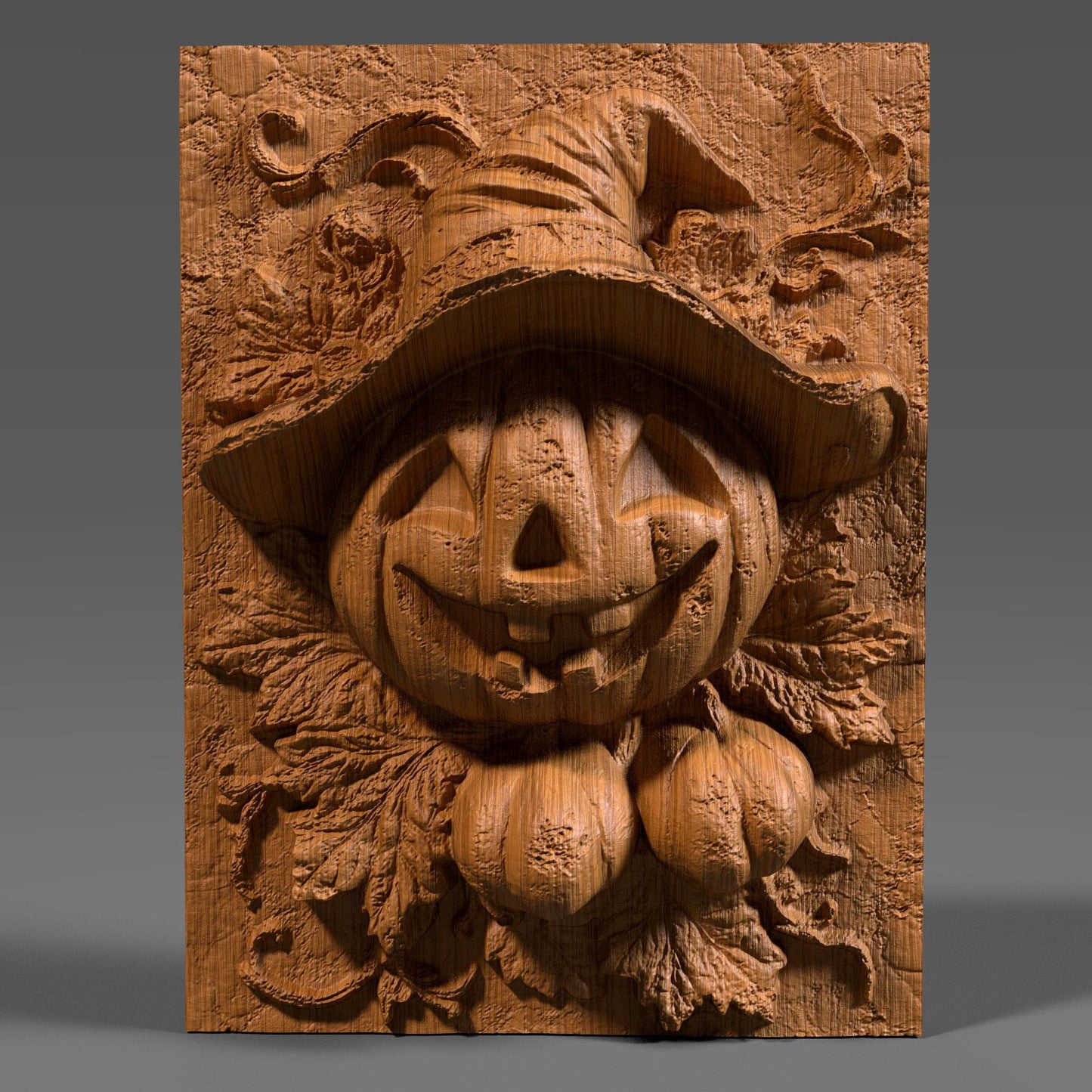 Charming 3D wooden bas-relief wall art featuring a smiling Jack-o’-lantern pumpkin wearing a witch hat surrounded by carved leaves and vines. This Halloween-inspired wooden sculpture captures the festive spirit of autumn with its detailed carving and warm texture. Perfect for spooky-season decor, fall wall displays, or as a unique Halloween gift. Handcrafted look with fine wood grain and intricate details makes it ideal for home or party decoration.