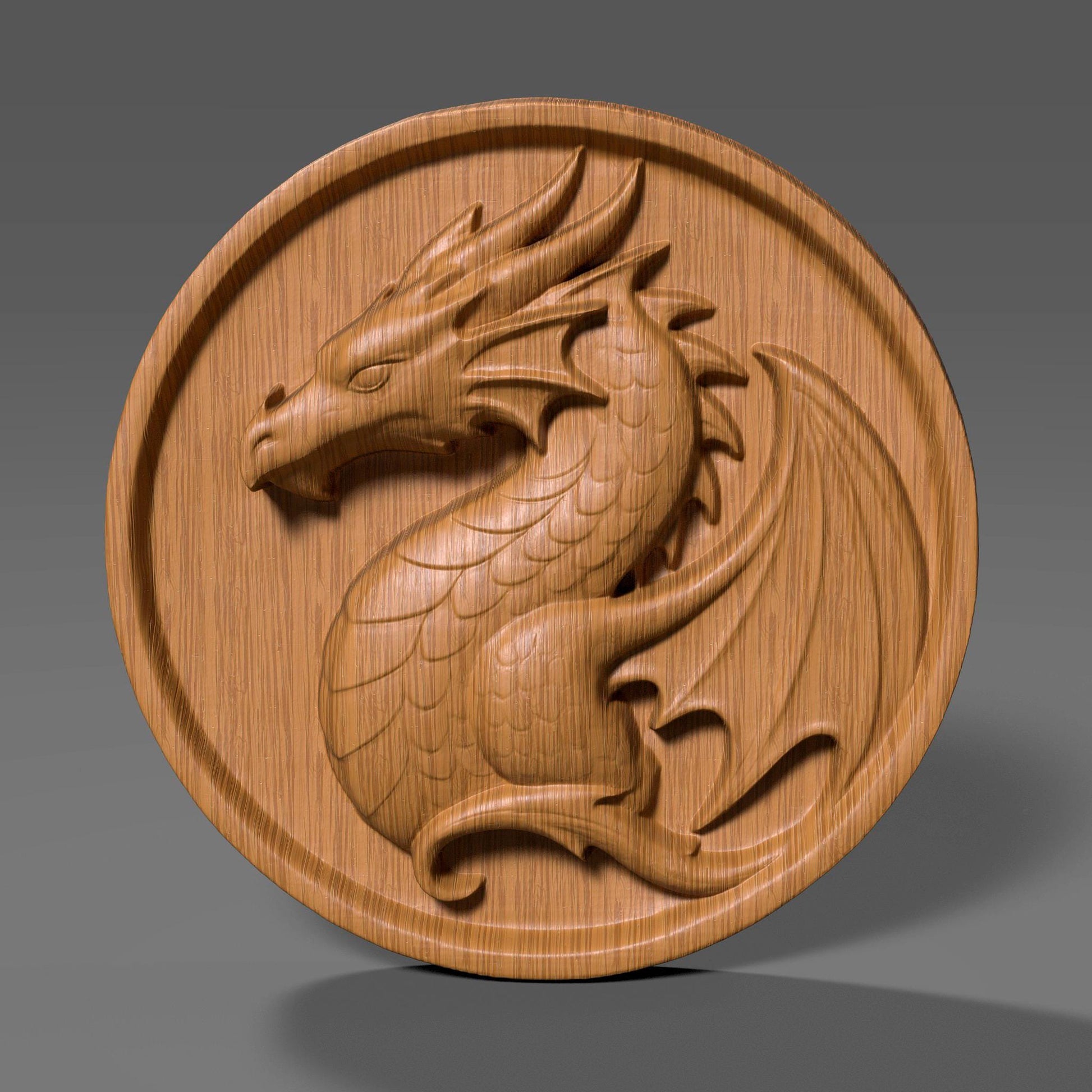A beautifully carved bas relief of a majestic dragon on a round wooden panel. This fantasy-themed digital artwork features a curled dragon with detailed scales, horns, and wings, evoking a medieval or Viking crest style. Perfect for wall art, CNC carving, laser engraving, and fantasy décor, this high-resolution file showcases epic craftsmanship suitable for game rooms, fantasy lovers, or unique handmade gifts.