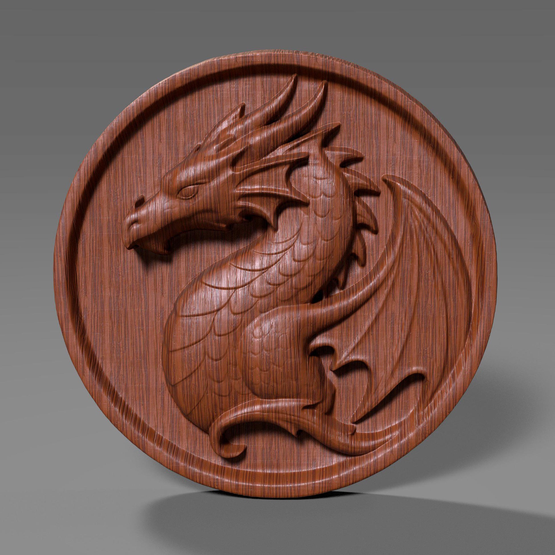 A beautifully carved bas relief of a majestic dragon on a round wooden panel. This fantasy-themed digital artwork features a curled dragon with detailed scales, horns, and wings, evoking a medieval or Viking crest style. Perfect for wall art, CNC carving, laser engraving, and fantasy décor, this high-resolution file showcases epic craftsmanship suitable for game rooms, fantasy lovers, or unique handmade gifts.