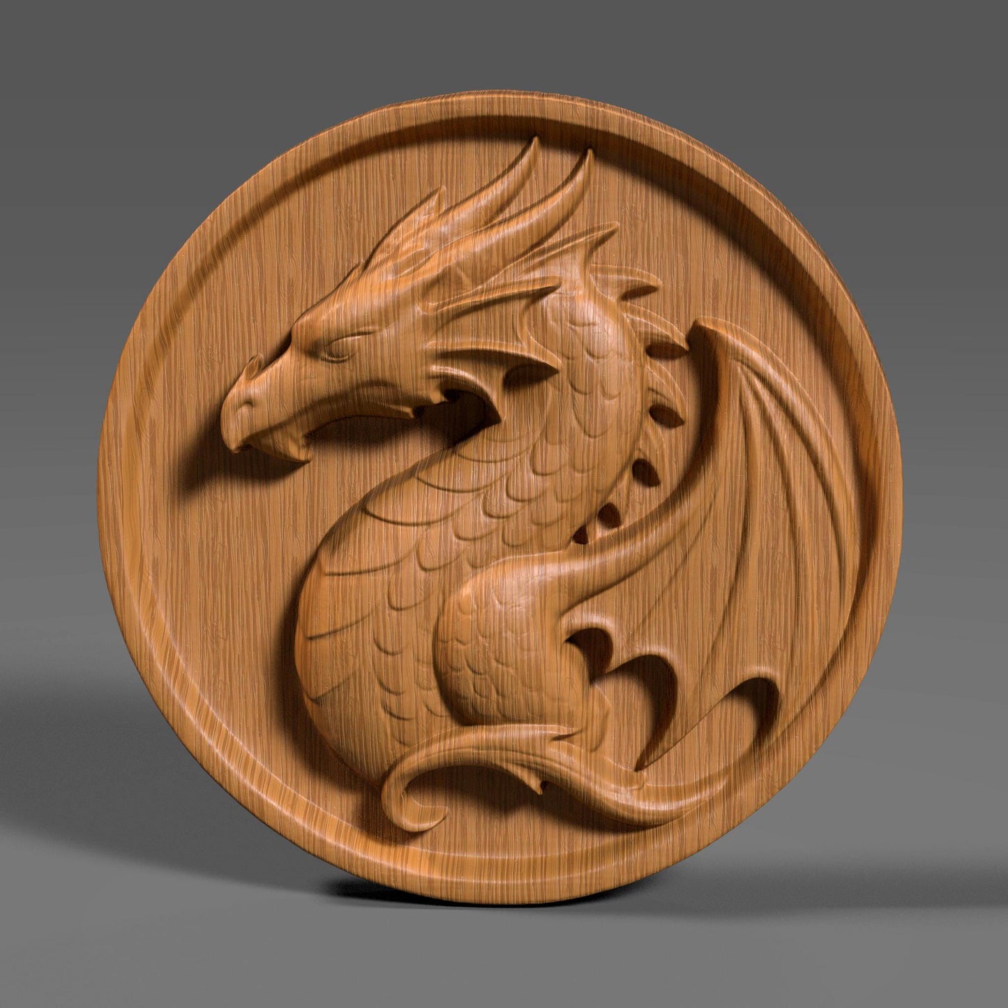 A beautifully carved bas relief of a majestic dragon on a round wooden panel. This fantasy-themed digital artwork features a curled dragon with detailed scales, horns, and wings, evoking a medieval or Viking crest style. Perfect for wall art, CNC carving, laser engraving, and fantasy décor, this high-resolution file showcases epic craftsmanship suitable for game rooms, fantasy lovers, or unique handmade gifts.