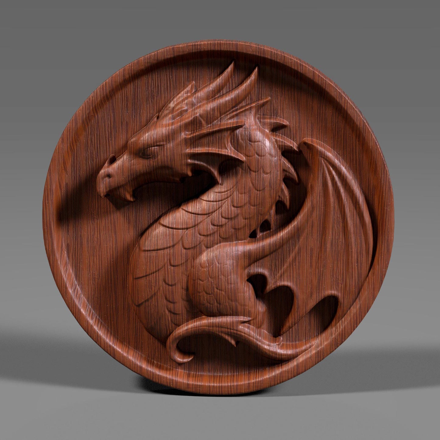 A beautifully carved bas relief of a majestic dragon on a round wooden panel. This fantasy-themed digital artwork features a curled dragon with detailed scales, horns, and wings, evoking a medieval or Viking crest style. Perfect for wall art, CNC carving, laser engraving, and fantasy décor, this high-resolution file showcases epic craftsmanship suitable for game rooms, fantasy lovers, or unique handmade gifts.