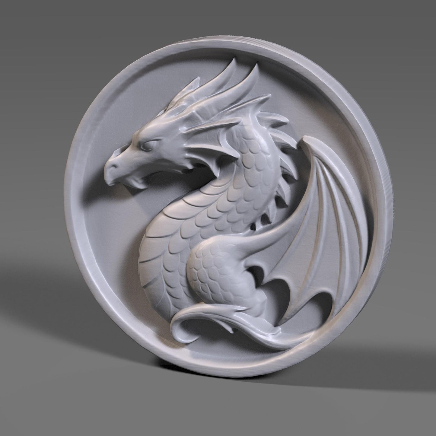 A beautifully carved bas relief of a majestic dragon on a round wooden panel. This fantasy-themed digital artwork features a curled dragon with detailed scales, horns, and wings, evoking a medieval or Viking crest style. Perfect for wall art, CNC carving, laser engraving, and fantasy décor, this high-resolution file showcases epic craftsmanship suitable for game rooms, fantasy lovers, or unique handmade gifts.