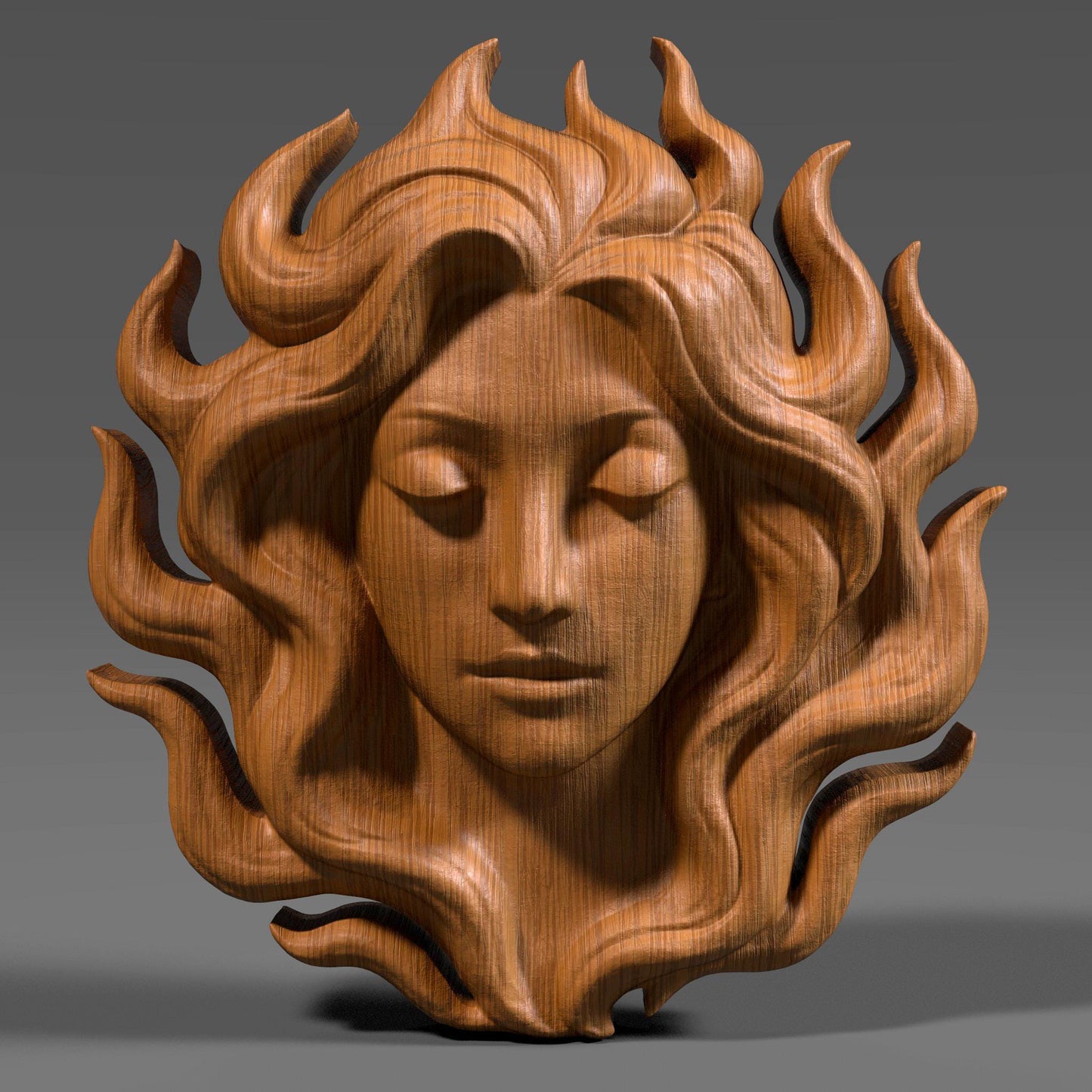 Digital wood carving of a serene woman's face with flowing hair resembling flames, designed in bas relief style. The sculpture radiates calm and elegance, ideal for wall art, CNC carving, laser engraving, or 3D printing. A peaceful feminine figure with eyes closed, exuding goddess-like energy in a high-detail STL format. Suitable for woodworking, resin casting, or decorative panels.