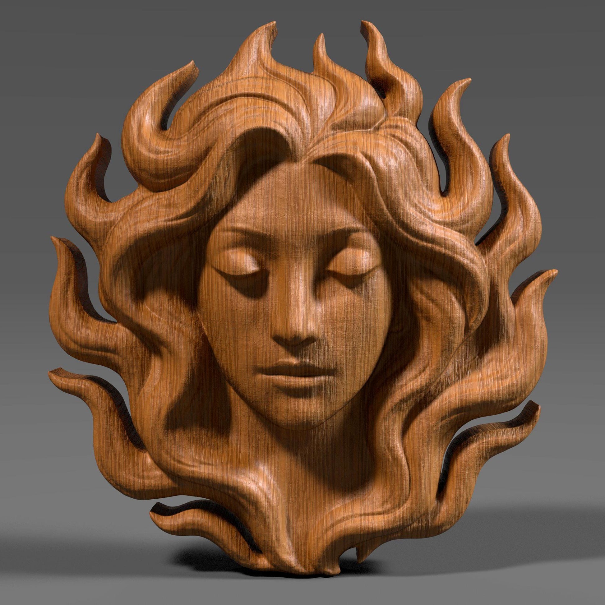 Digital wood carving of a serene woman's face with flowing hair resembling flames, designed in bas relief style. The sculpture radiates calm and elegance, ideal for wall art, CNC carving, laser engraving, or 3D printing. A peaceful feminine figure with eyes closed, exuding goddess-like energy in a high-detail STL format. Suitable for woodworking, resin casting, or decorative panels.