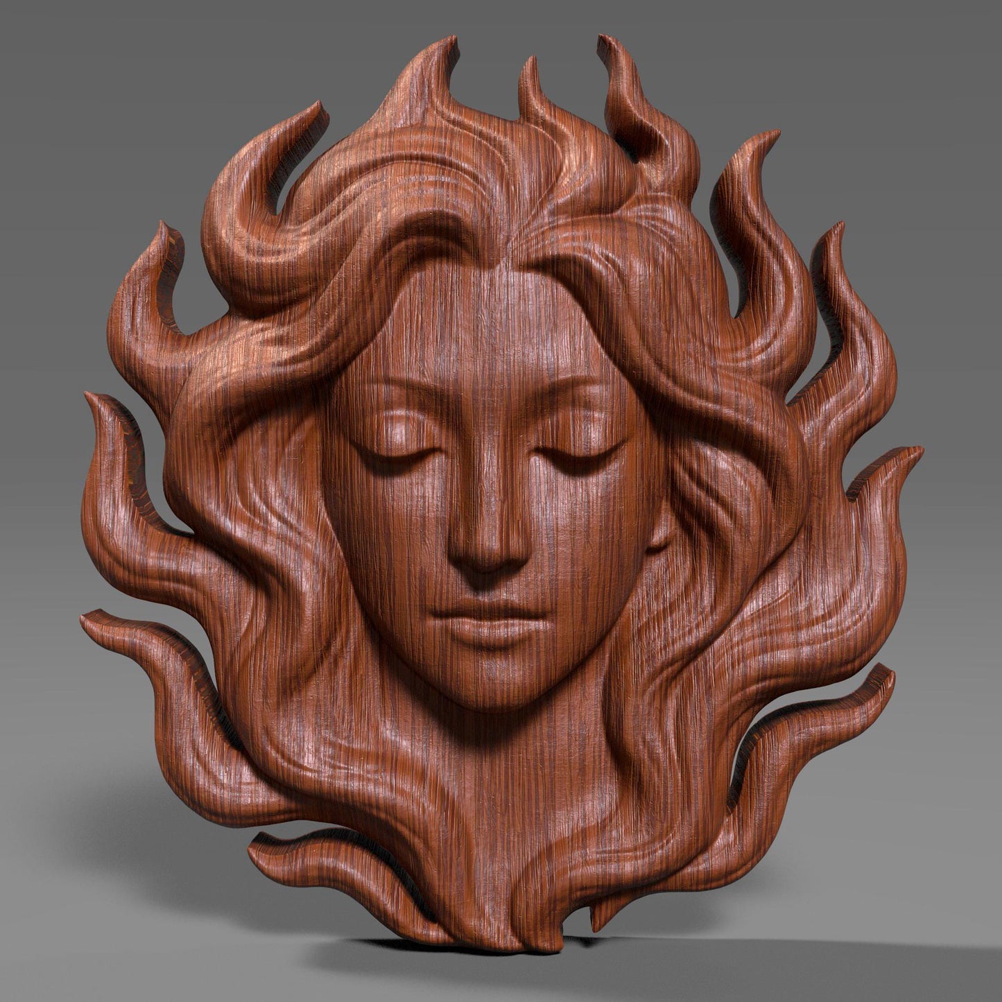 Digital wood carving of a serene woman's face with flowing hair resembling flames, designed in bas relief style. The sculpture radiates calm and elegance, ideal for wall art, CNC carving, laser engraving, or 3D printing. A peaceful feminine figure with eyes closed, exuding goddess-like energy in a high-detail STL format. Suitable for woodworking, resin casting, or decorative panels.