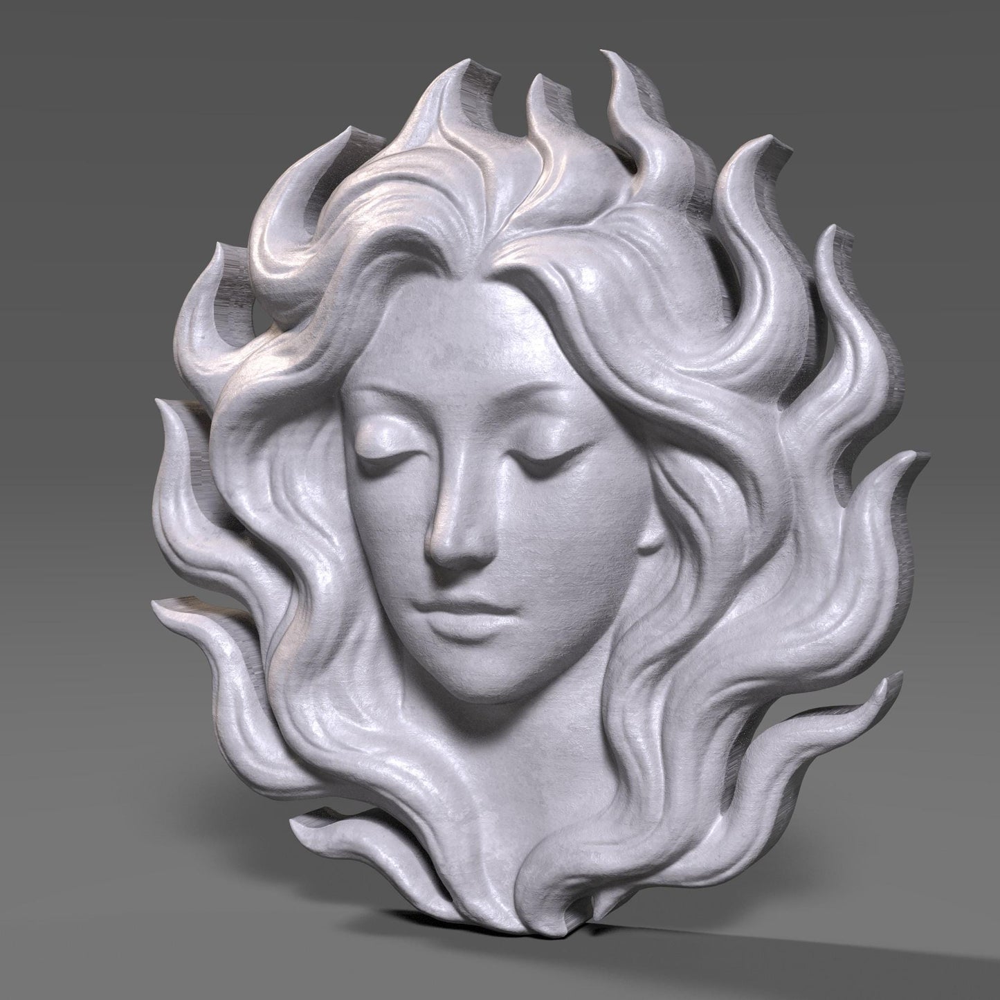Flame-Haired Woman Relief Carving: Serene Goddess STL (Digital Download)