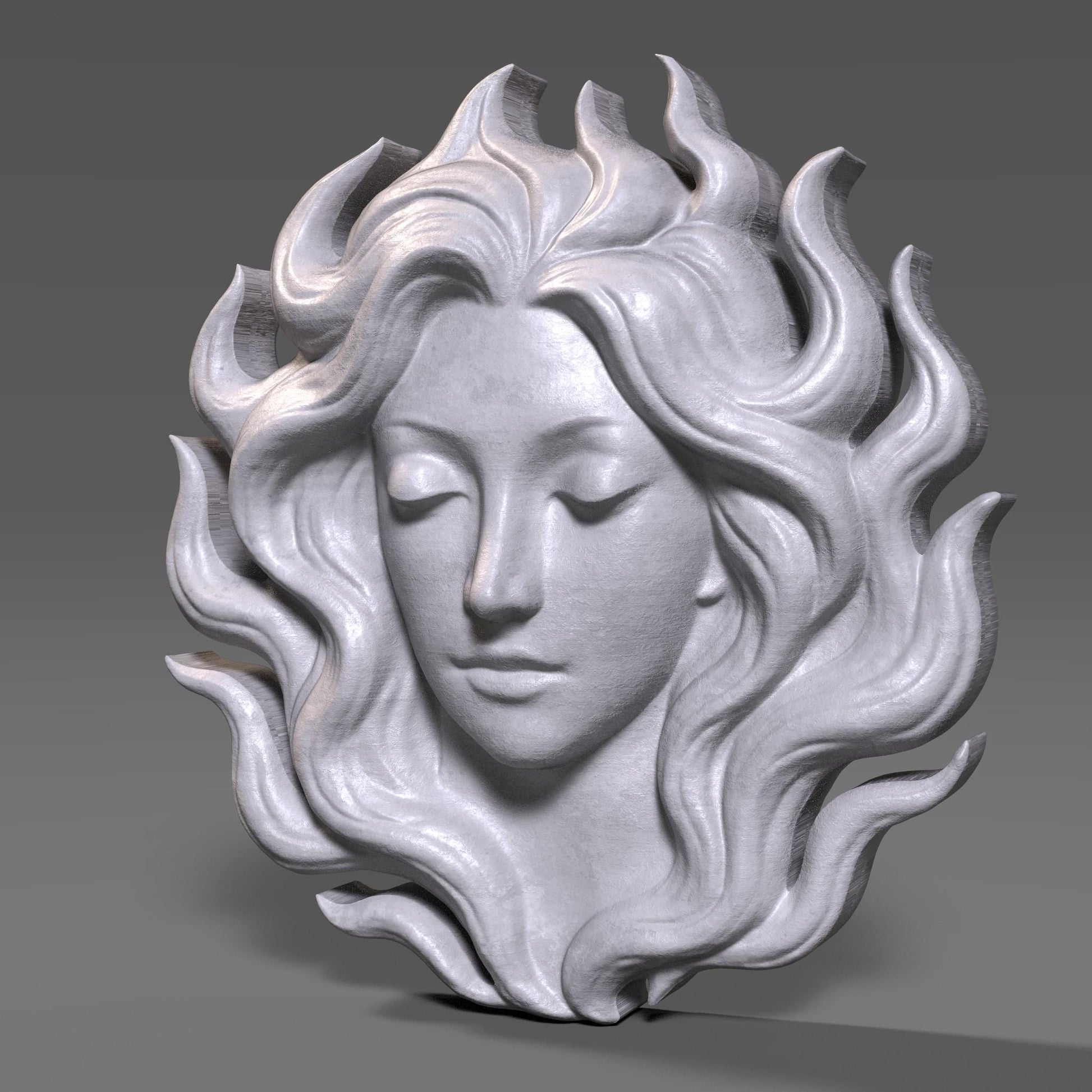 Flame-Haired Woman Relief Carving: Serene Goddess STL (Digital Download)