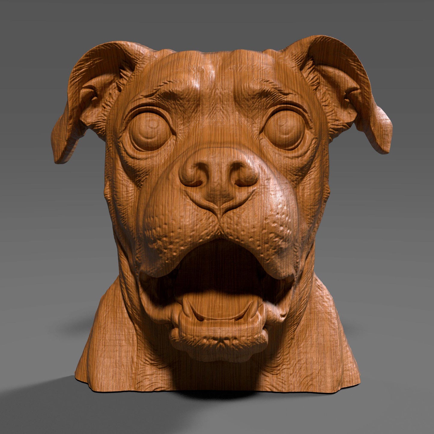A 3D digital wood-style bust of a pug dog with wide eyes and an expressive open mouth, resembling a humorous and lively tribute sculpture. Ideal for CNC carving, laser engraving, or resin printing, this STL file captures the pug’s charming personality with fine detailing and realistic wood grain patterns. The bust is perfect for pet lovers and dog-themed decor projects.