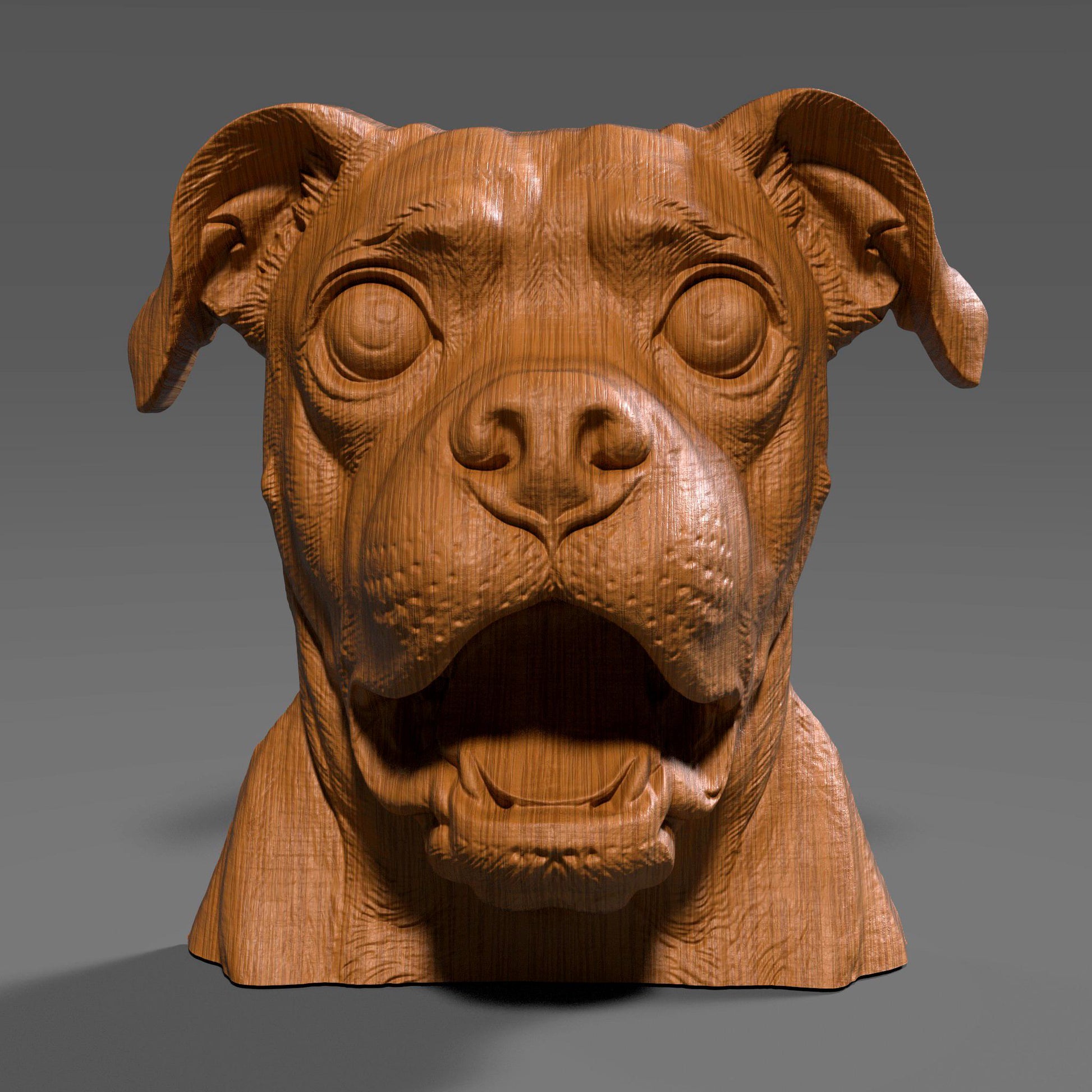 A 3D digital wood-style bust of a pug dog with wide eyes and an expressive open mouth, resembling a humorous and lively tribute sculpture. Ideal for CNC carving, laser engraving, or resin printing, this STL file captures the pug’s charming personality with fine detailing and realistic wood grain patterns. The bust is perfect for pet lovers and dog-themed decor projects.
