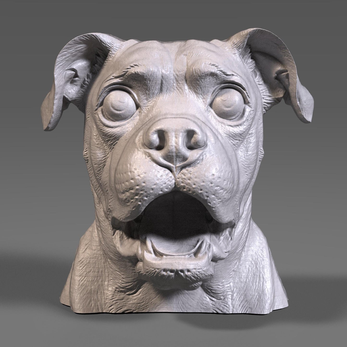 A 3D digital wood-style bust of a pug dog with wide eyes and an expressive open mouth, resembling a humorous and lively tribute sculpture. Ideal for CNC carving, laser engraving, or resin printing, this STL file captures the pug’s charming personality with fine detailing and realistic wood grain patterns. The bust is perfect for pet lovers and dog-themed decor projects.