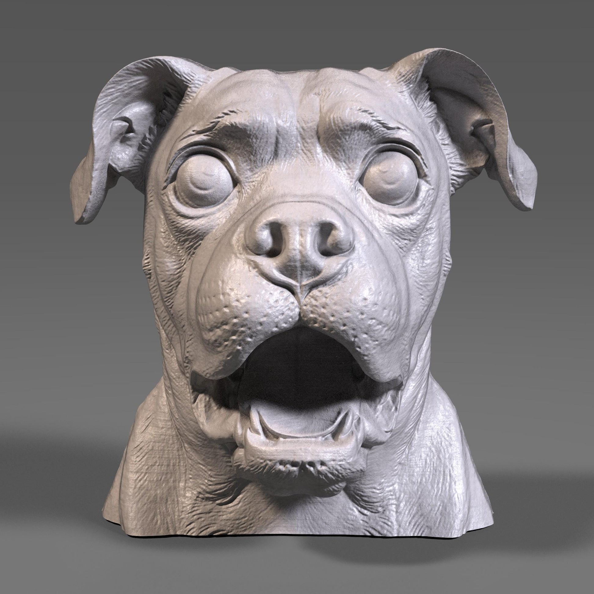 A 3D digital wood-style bust of a pug dog with wide eyes and an expressive open mouth, resembling a humorous and lively tribute sculpture. Ideal for CNC carving, laser engraving, or resin printing, this STL file captures the pug’s charming personality with fine detailing and realistic wood grain patterns. The bust is perfect for pet lovers and dog-themed decor projects.