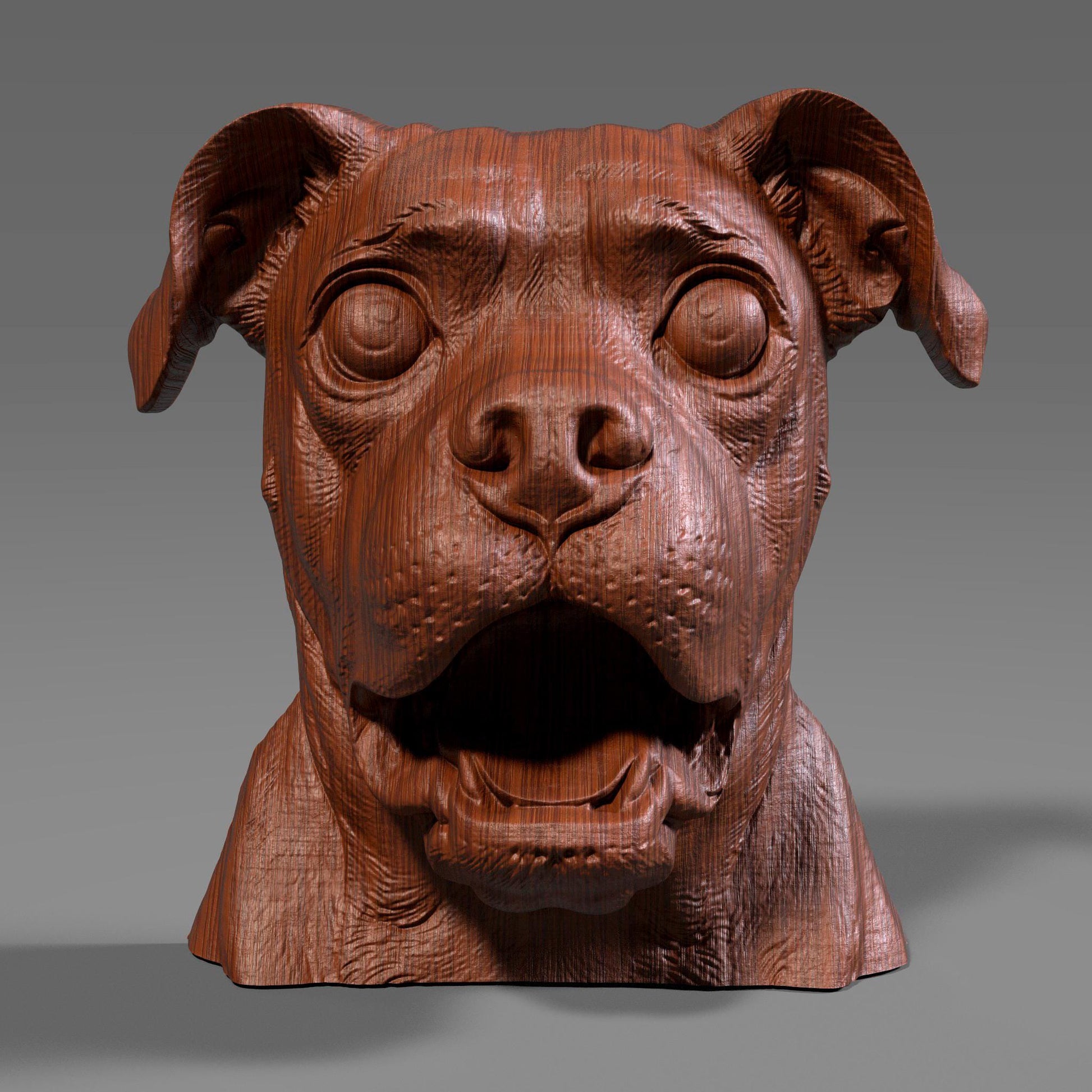 A 3D digital wood-style bust of a pug dog with wide eyes and an expressive open mouth, resembling a humorous and lively tribute sculpture. Ideal for CNC carving, laser engraving, or resin printing, this STL file captures the pug’s charming personality with fine detailing and realistic wood grain patterns. The bust is perfect for pet lovers and dog-themed decor projects.