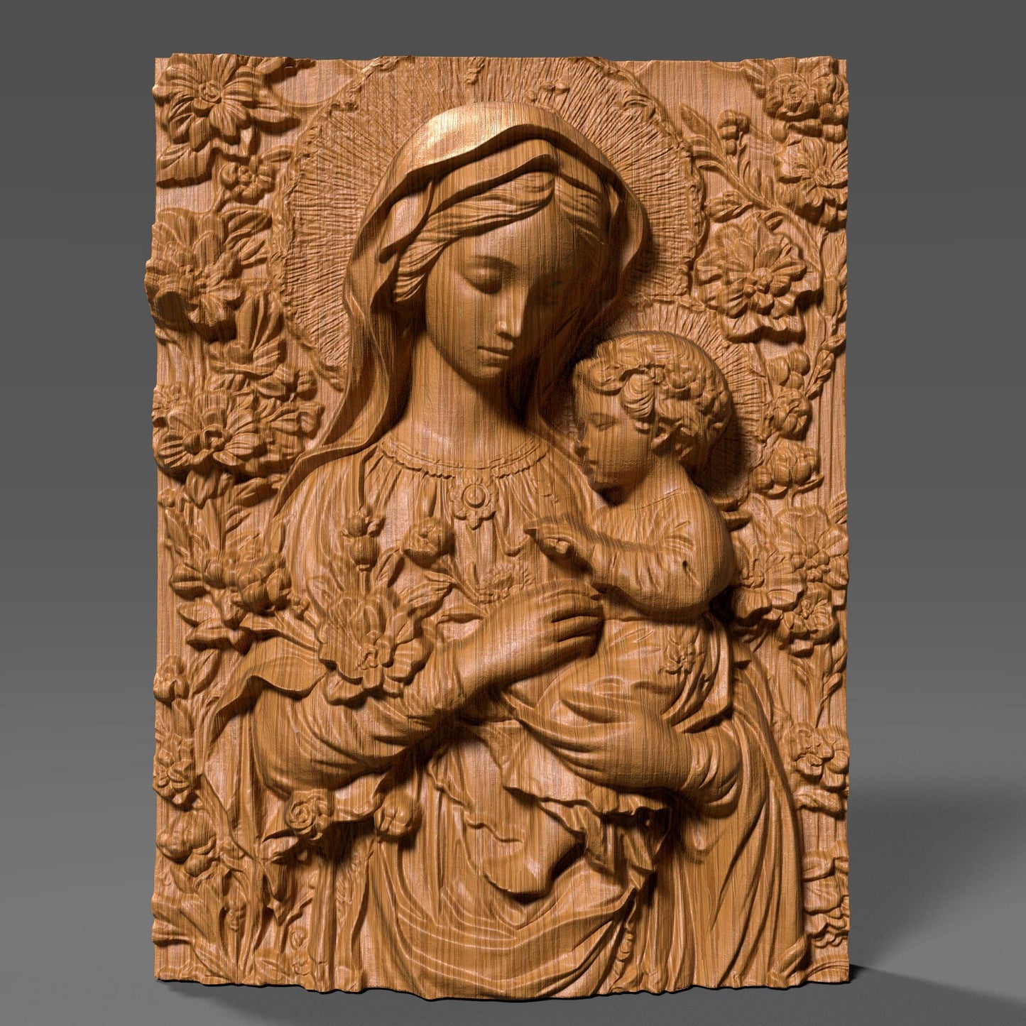 Exquisite 3D wooden bas-relief sculpture depicting the Virgin Mary tenderly holding baby Jesus, surrounded by detailed floral carvings. The artwork captures the beauty and serenity of motherhood and faith, making it perfect for Christian homes, chapels, and spiritual decor. Finely detailed wood texture enhances depth and realism, ideal for CNC carving, 3D printing, or display as an elegant religious wall piece symbolizing divine love and protection.