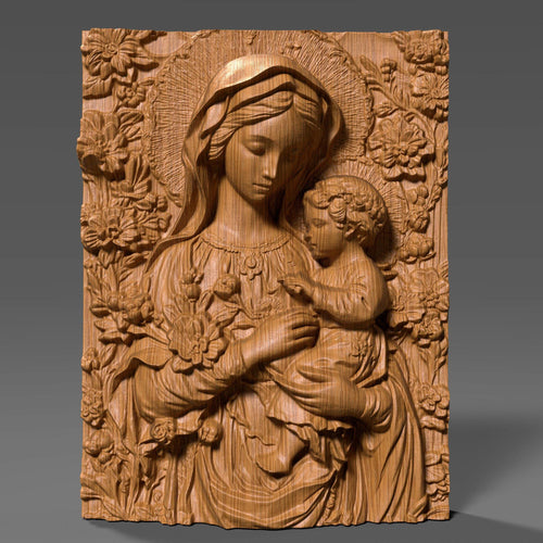 Virgin Mary and Baby Jesus 3D Relief Model: CNC, 3d print (Digital Download)