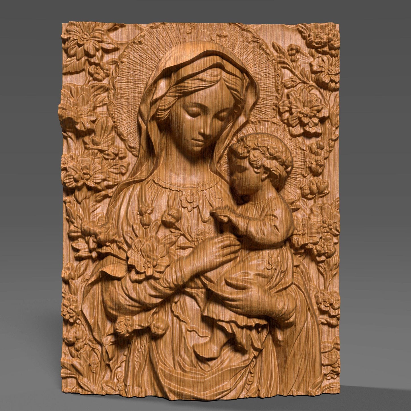 Exquisite 3D wooden bas-relief sculpture depicting the Virgin Mary tenderly holding baby Jesus, surrounded by detailed floral carvings. The artwork captures the beauty and serenity of motherhood and faith, making it perfect for Christian homes, chapels, and spiritual decor. Finely detailed wood texture enhances depth and realism, ideal for CNC carving, 3D printing, or display as an elegant religious wall piece symbolizing divine love and protection.